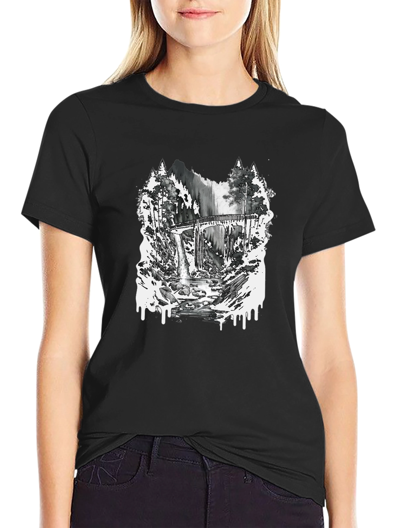 Nature Scene Graphic Tee - Bridge and Waterfall