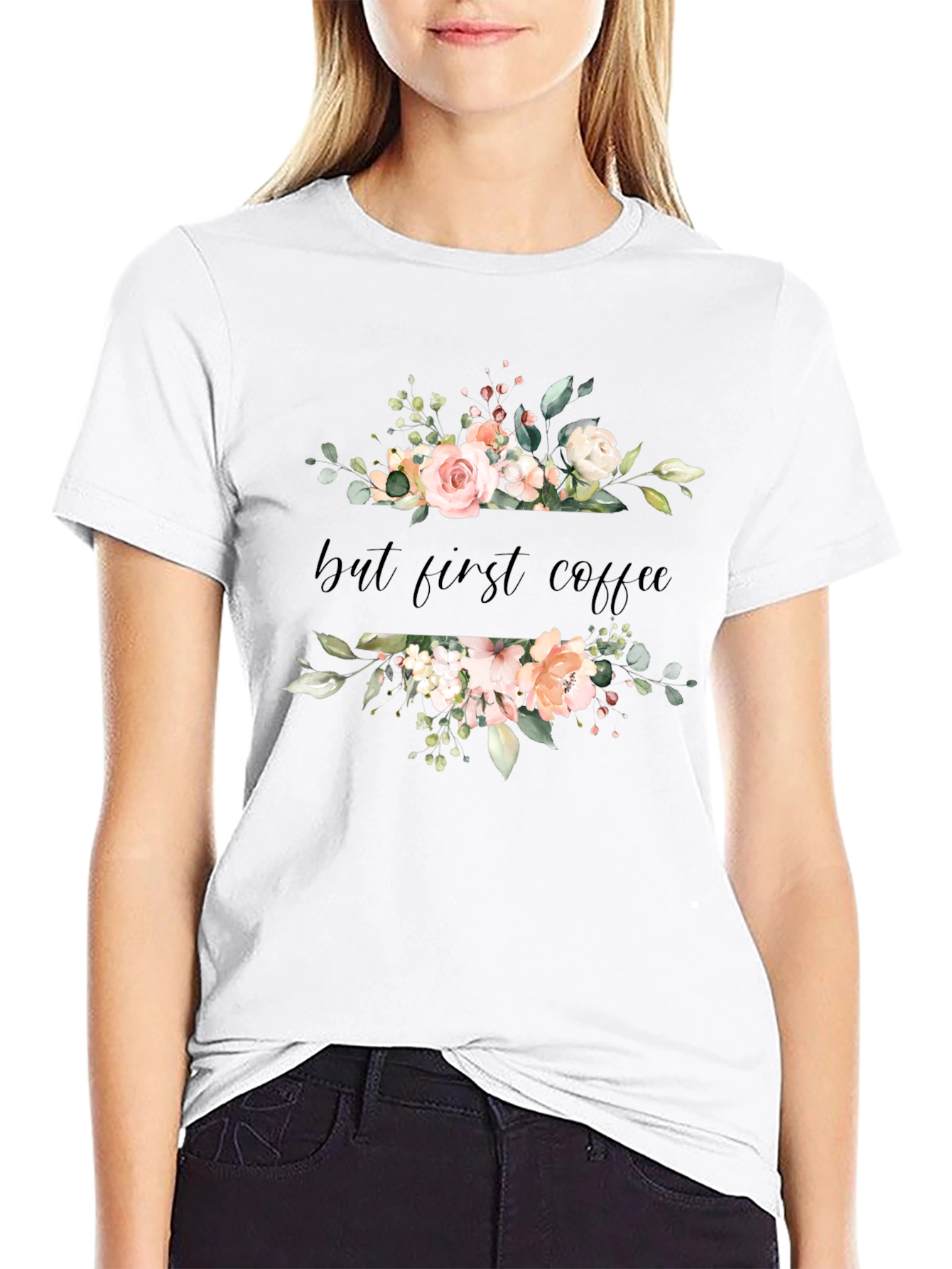 Floral But First Coffee Black T-Shirt