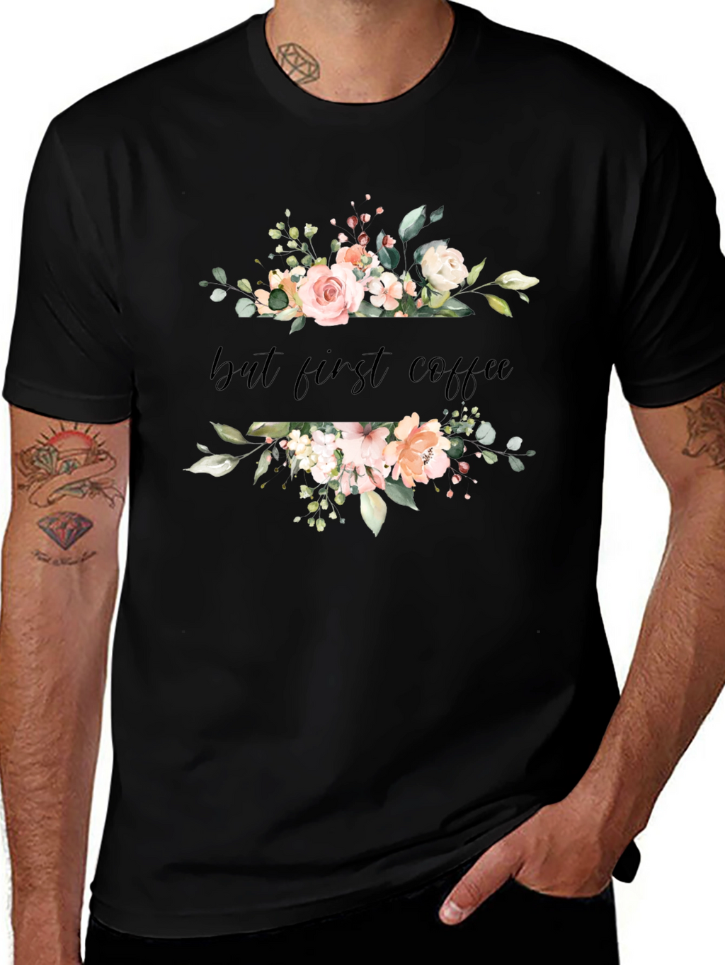 Floral But First Coffee Black T-Shirt