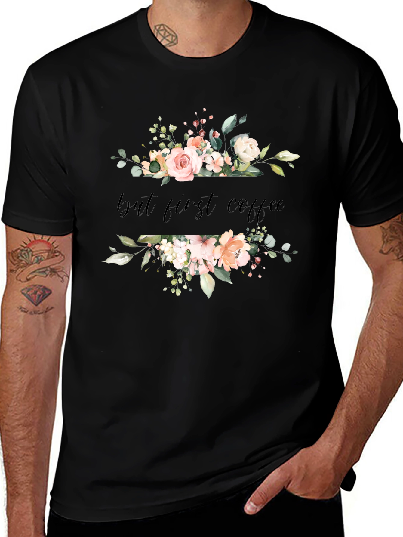 Floral But First Coffee Black T-Shirt