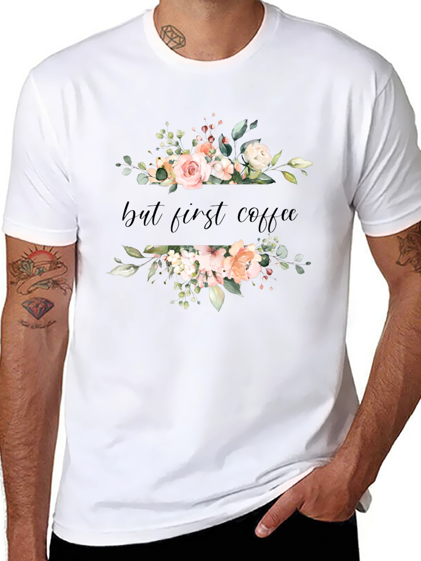Floral But First Coffee Black T-Shirt