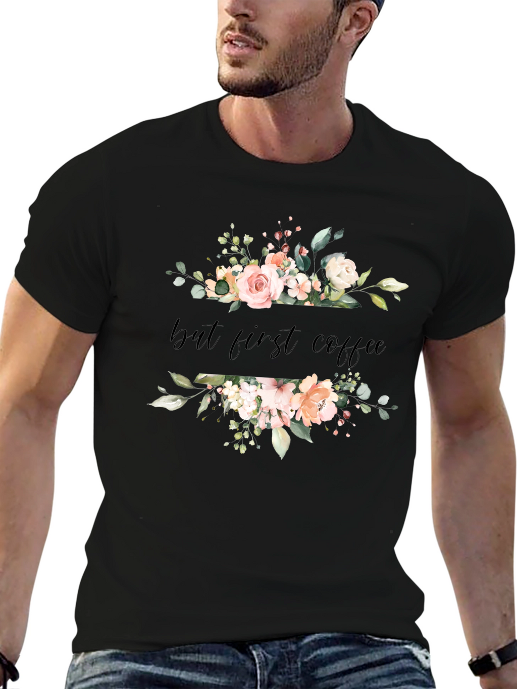 Floral But First Coffee Black T-Shirt