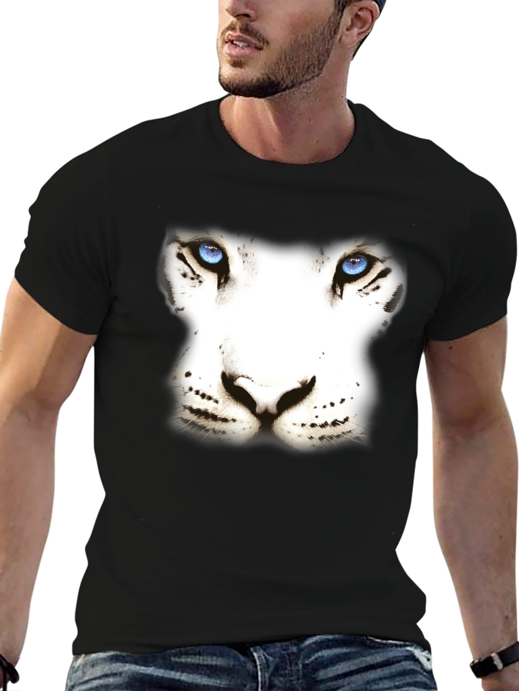 White Tiger Face Graphic Black T-Shirt