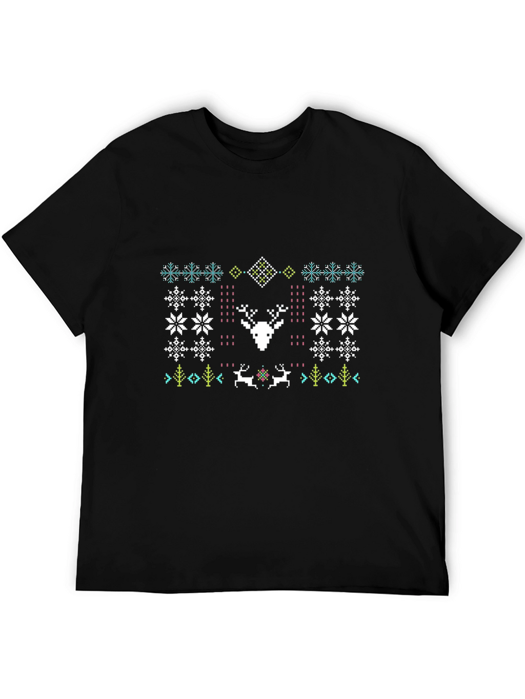Festive Deer Pattern Black T-Shirt