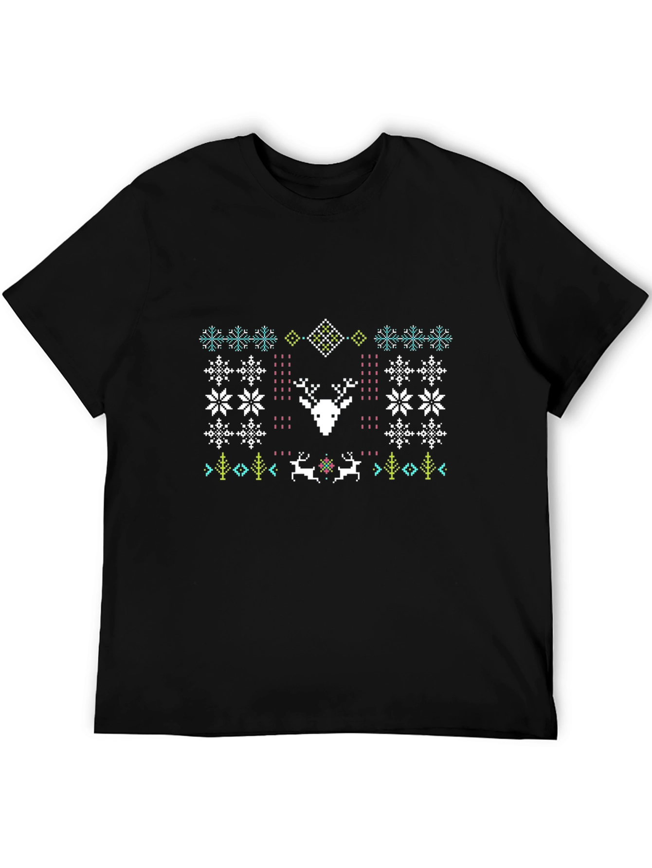 Festive Deer Pattern Black T-Shirt