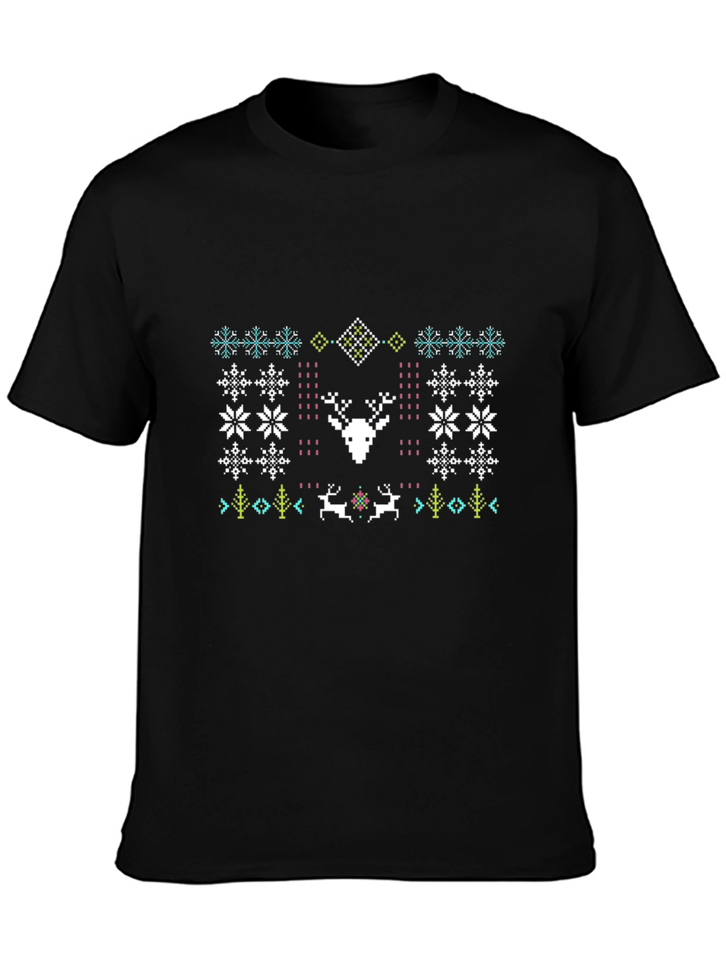 Festive Deer Pattern Black T-Shirt