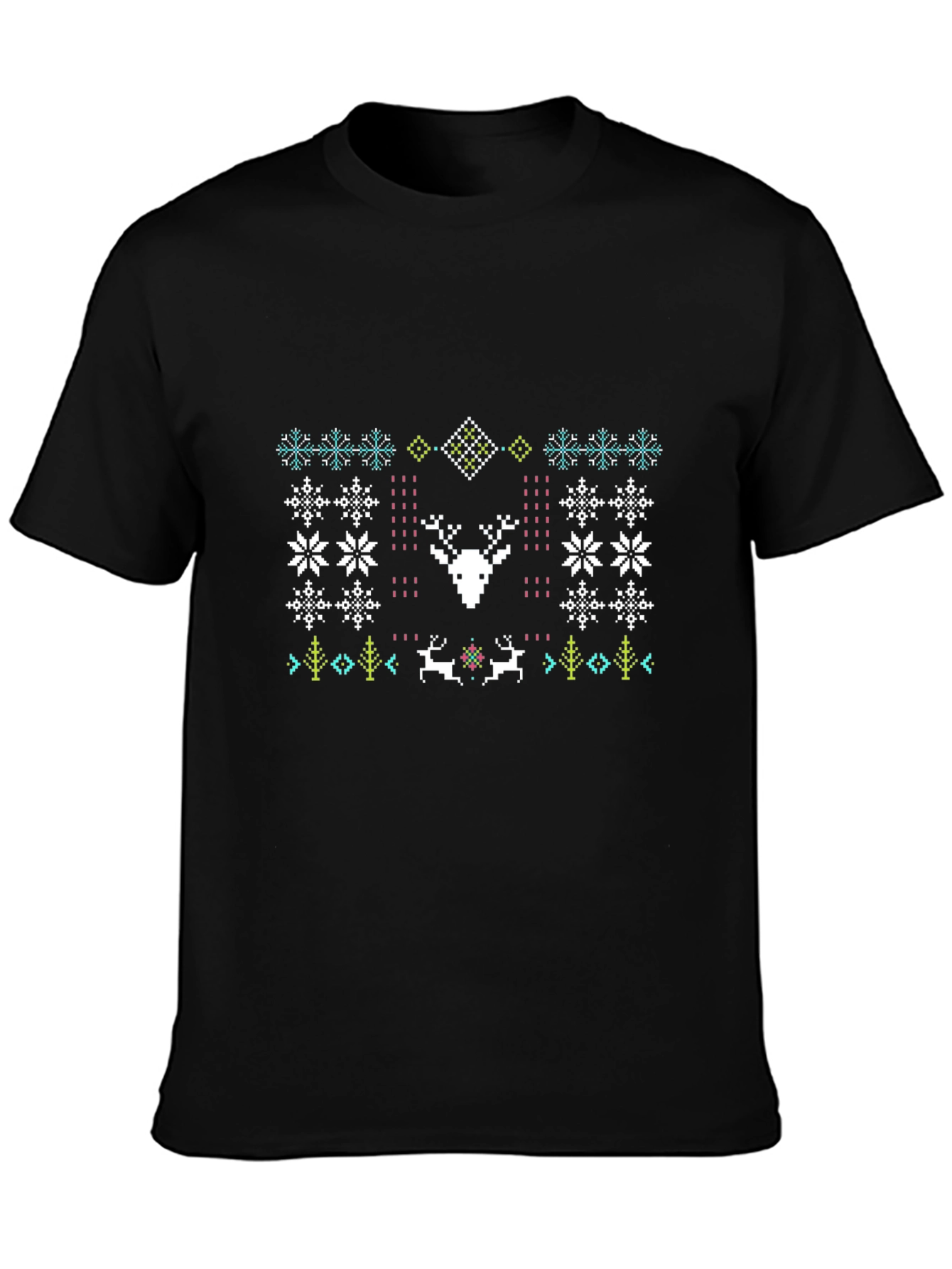 Festive Deer Pattern Black T-Shirt