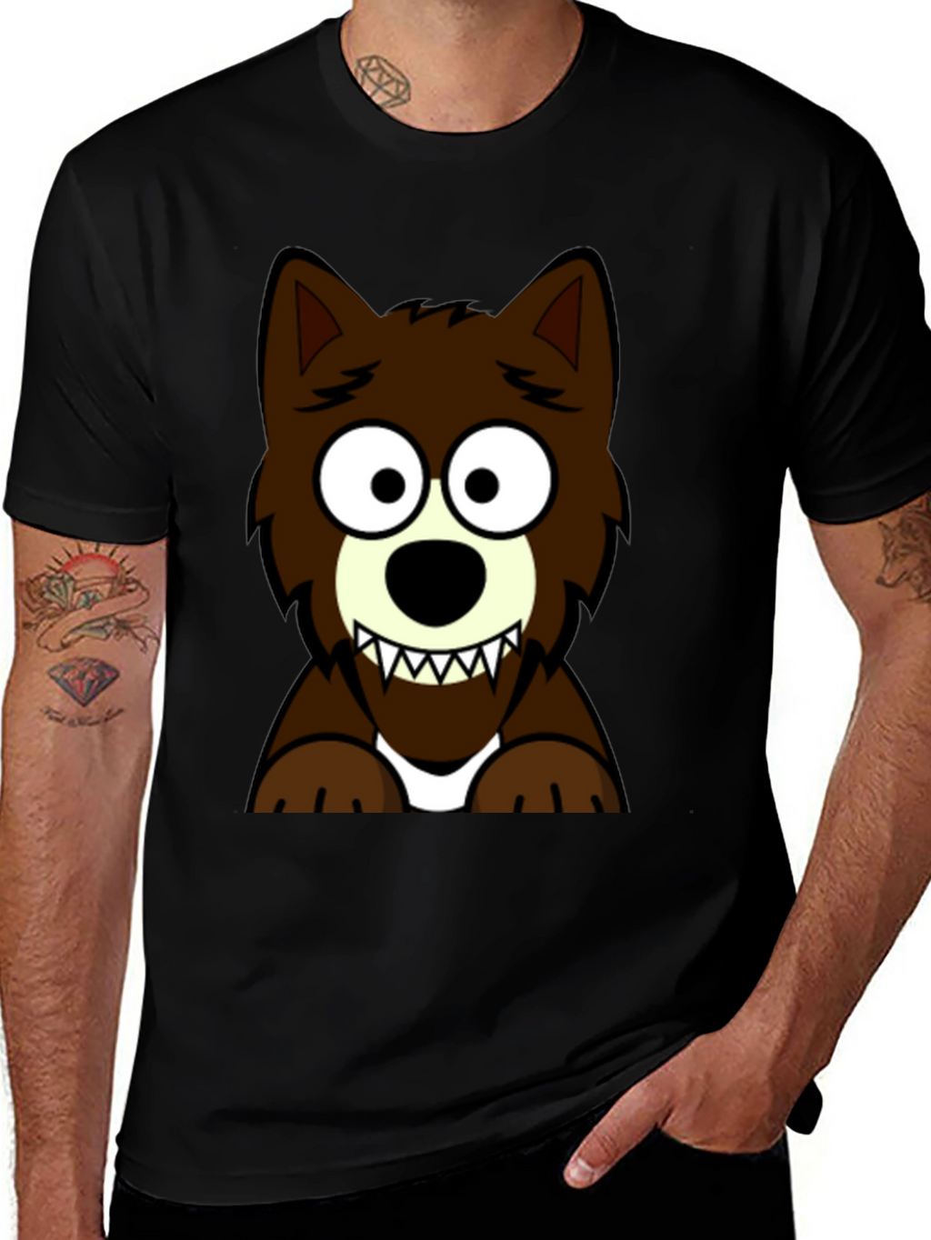 Cartoon Wolf Graphic Tee - Black T-Shirt
