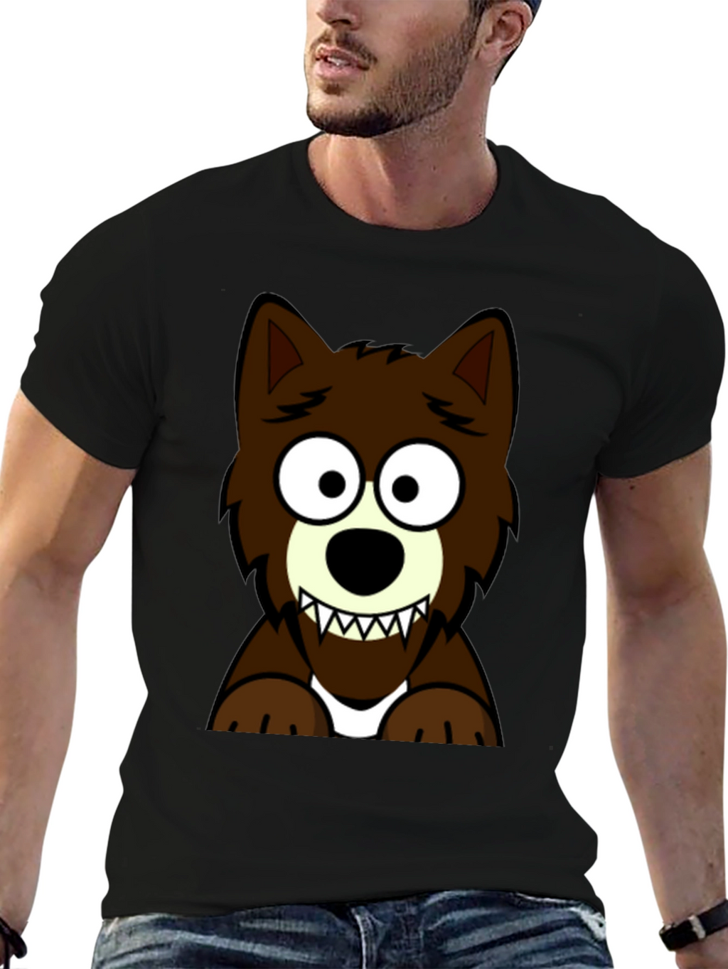 Cartoon Wolf Graphic Tee - Black T-Shirt