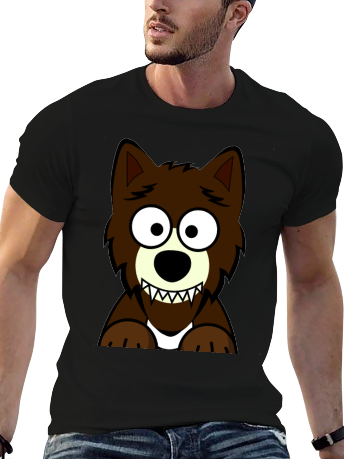 Cartoon Wolf Graphic Tee - Black T-Shirt