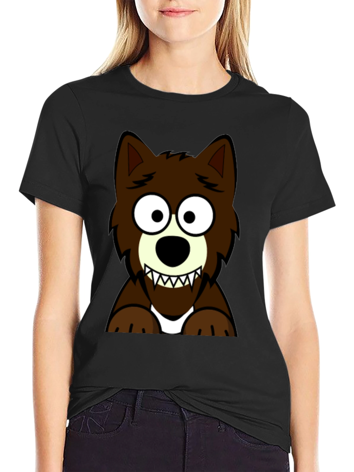 Cartoon Wolf Graphic Tee - Black T-Shirt