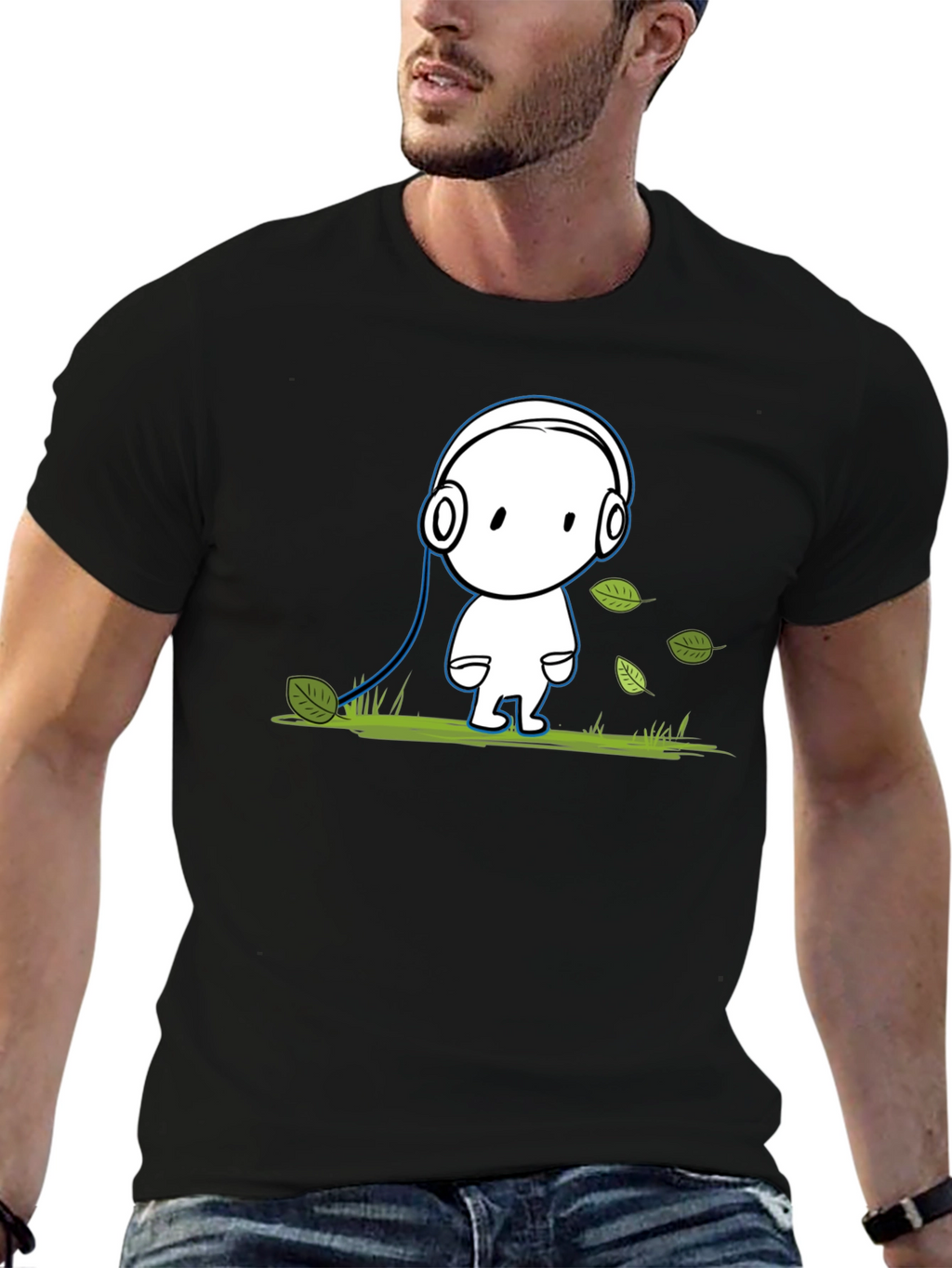 Cartoon Headphone T-Shirt - Black Cotton Graphic Tee