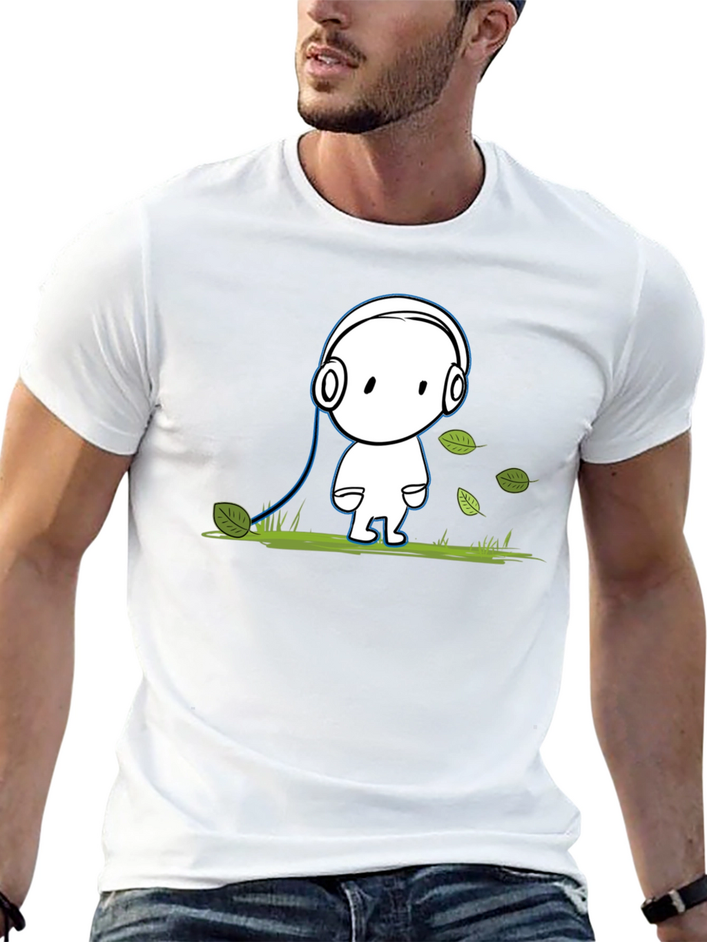 Cartoon Headphone T-Shirt - Black Cotton Graphic Tee