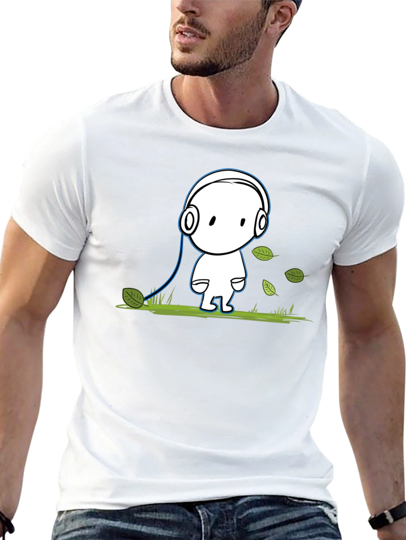Cartoon Headphone T-Shirt - Black Cotton Graphic Tee