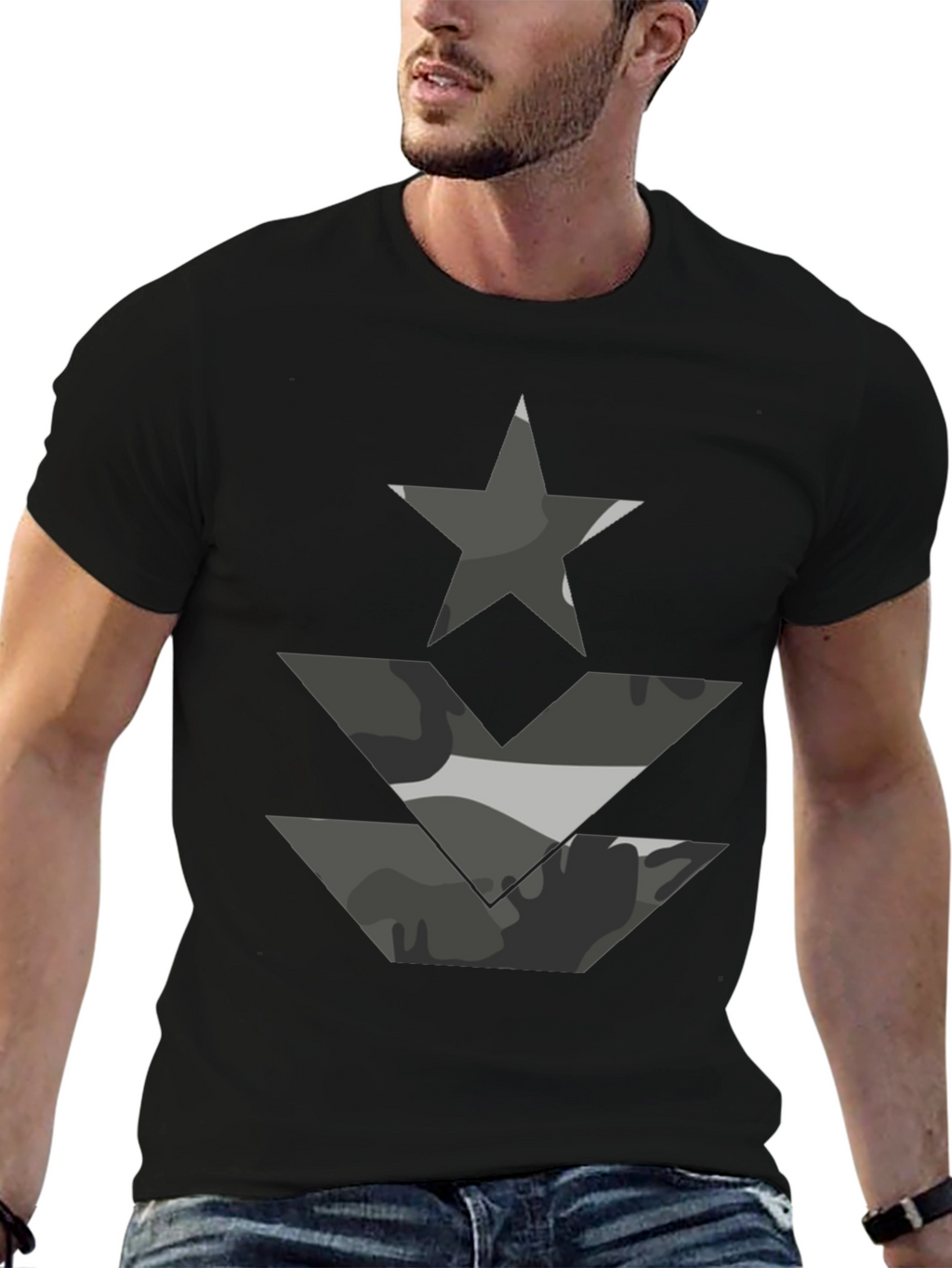 Camo Star & Chevron Graphic Tee - Black