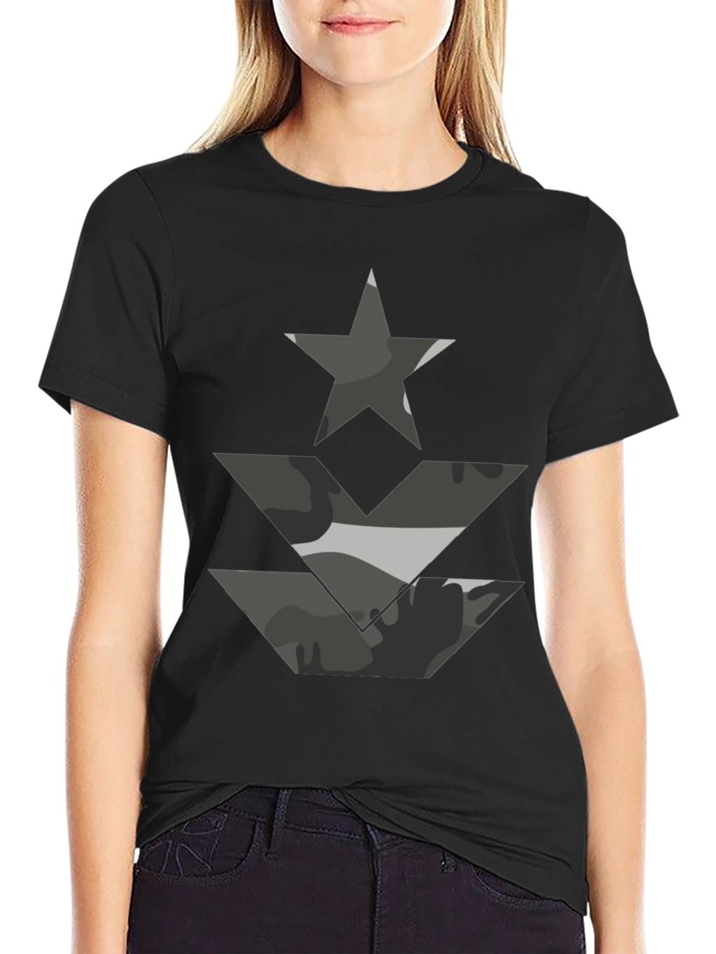 Camo Star & Chevron Graphic Tee - Black