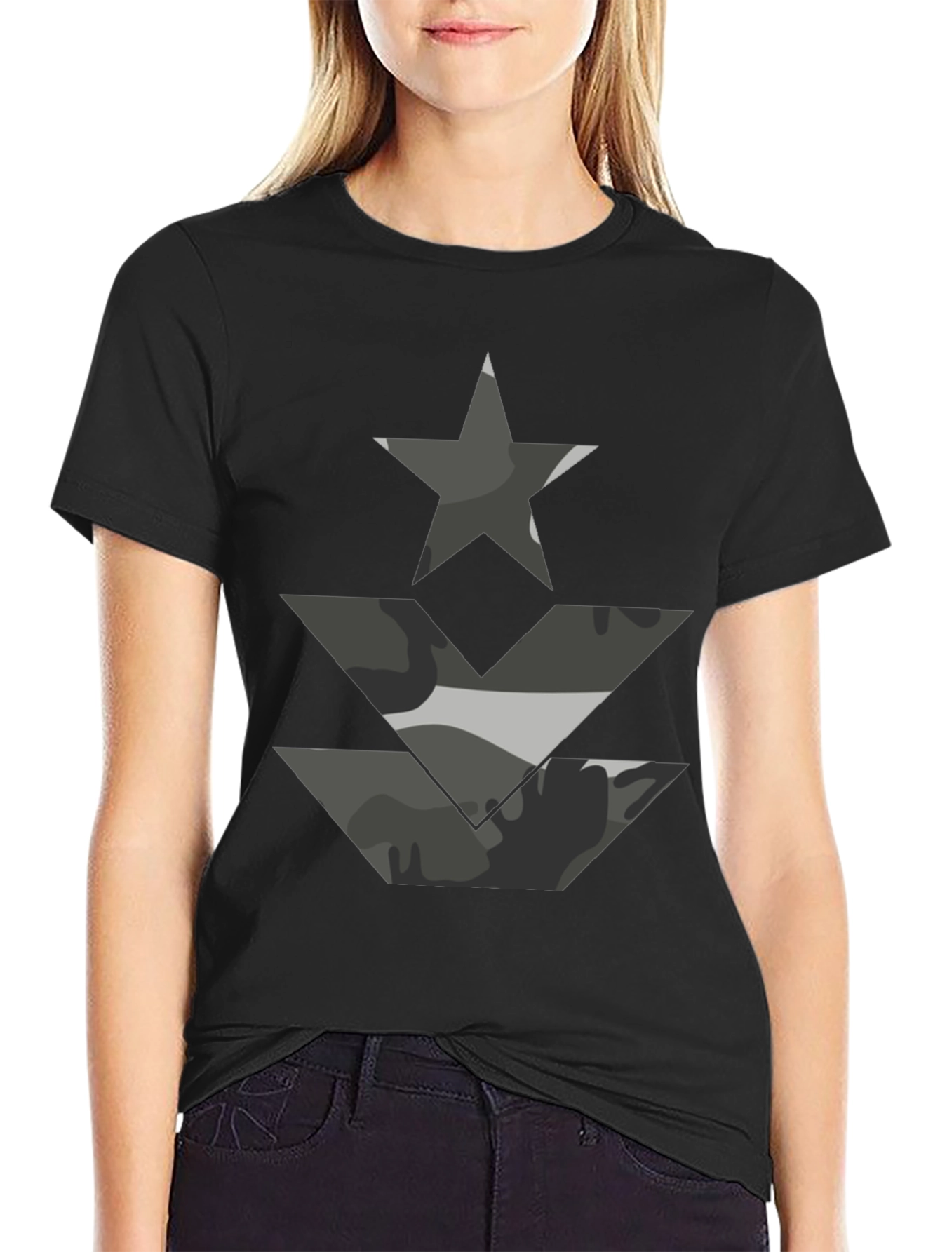 Camo Star & Chevron Graphic Tee - Black