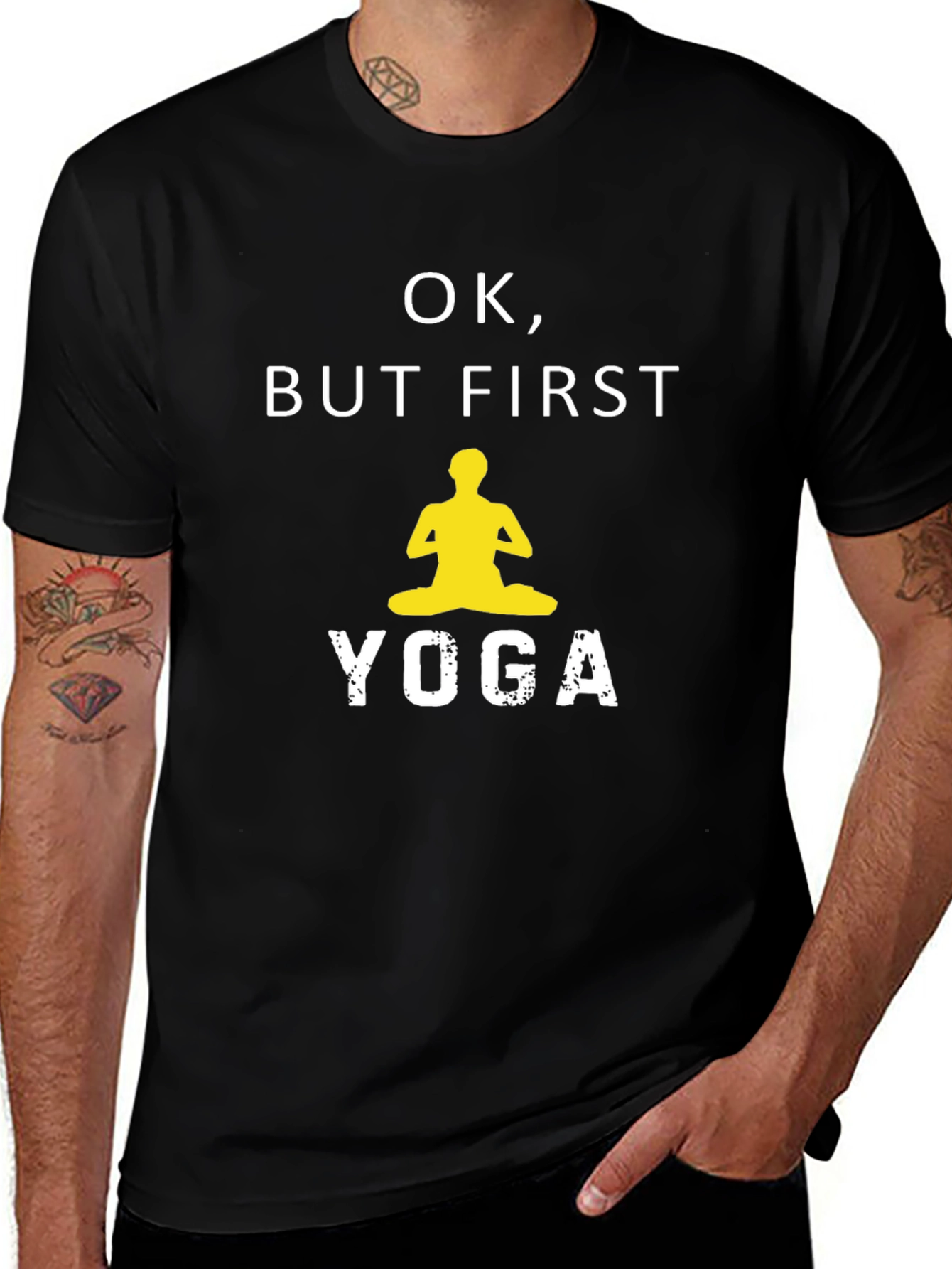 Yoga T-Shirt: Ok But First Yoga - Black Cotton Tee