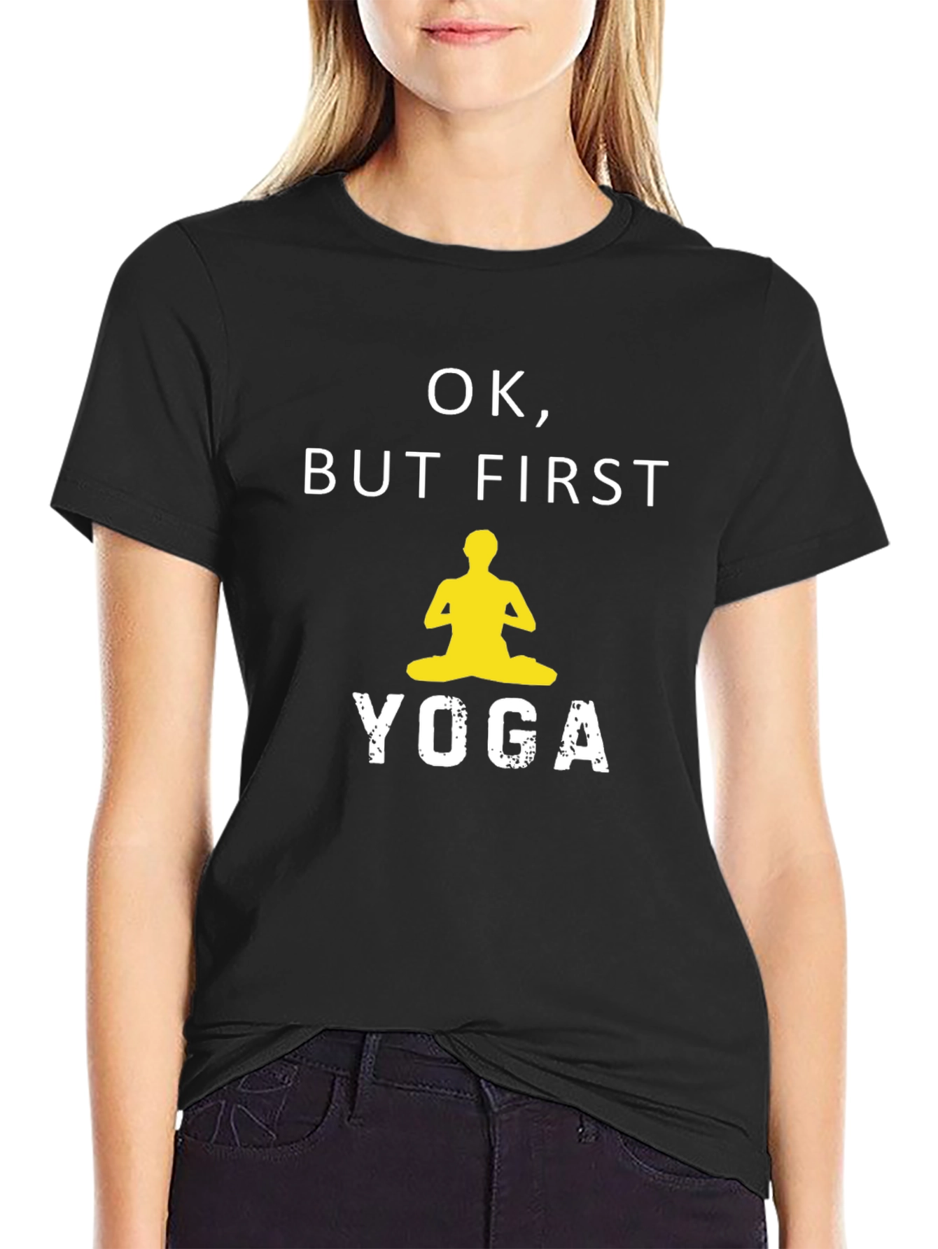 Yoga T-Shirt: Ok But First Yoga - Black Cotton Tee