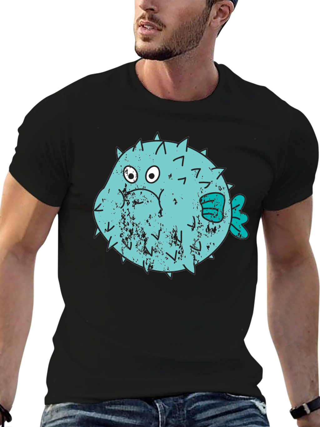 Puffer Fish Graphic T-Shirt - Black Crew Neck
