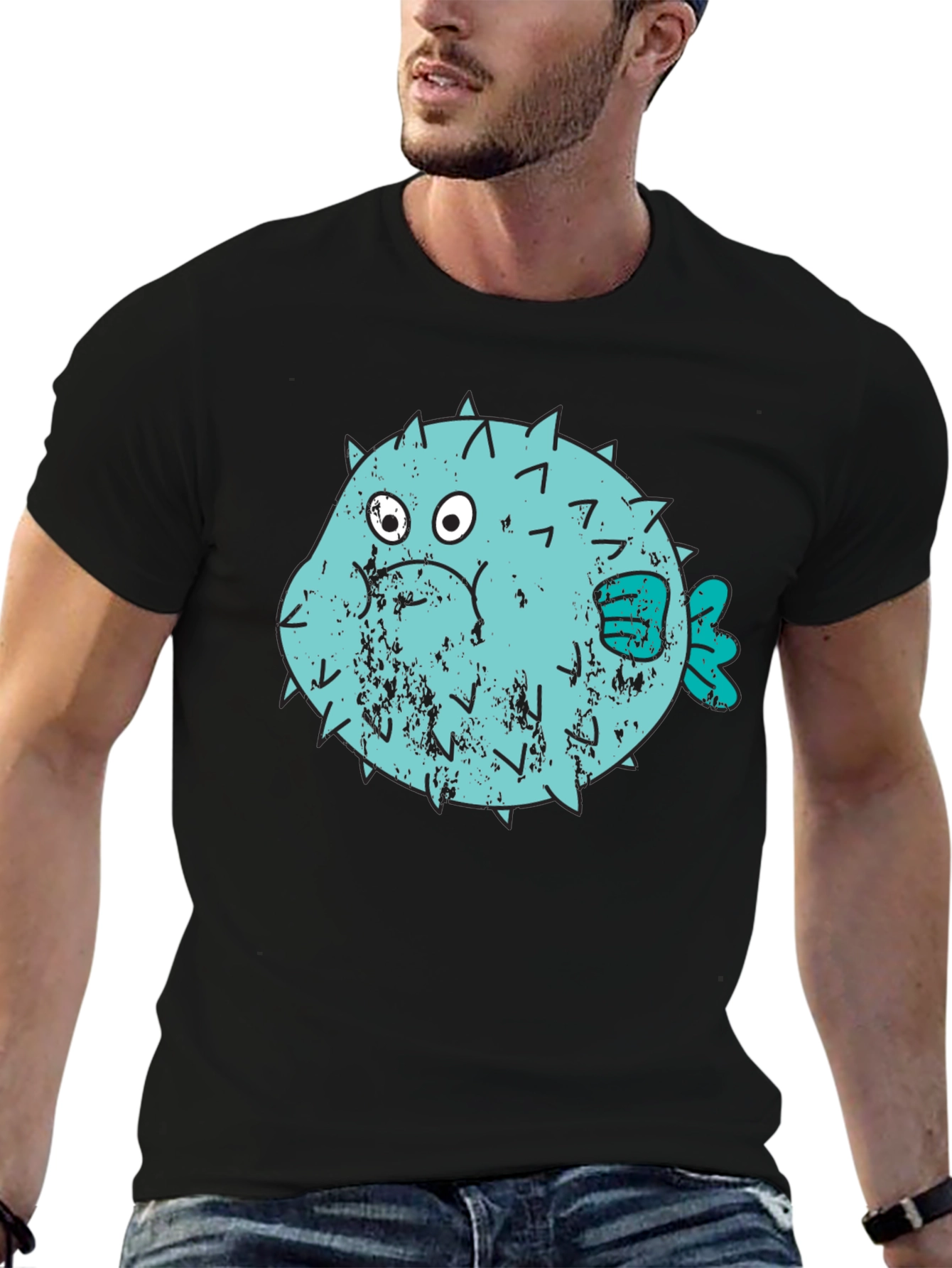 Puffer Fish Graphic T-Shirt - Black Crew Neck