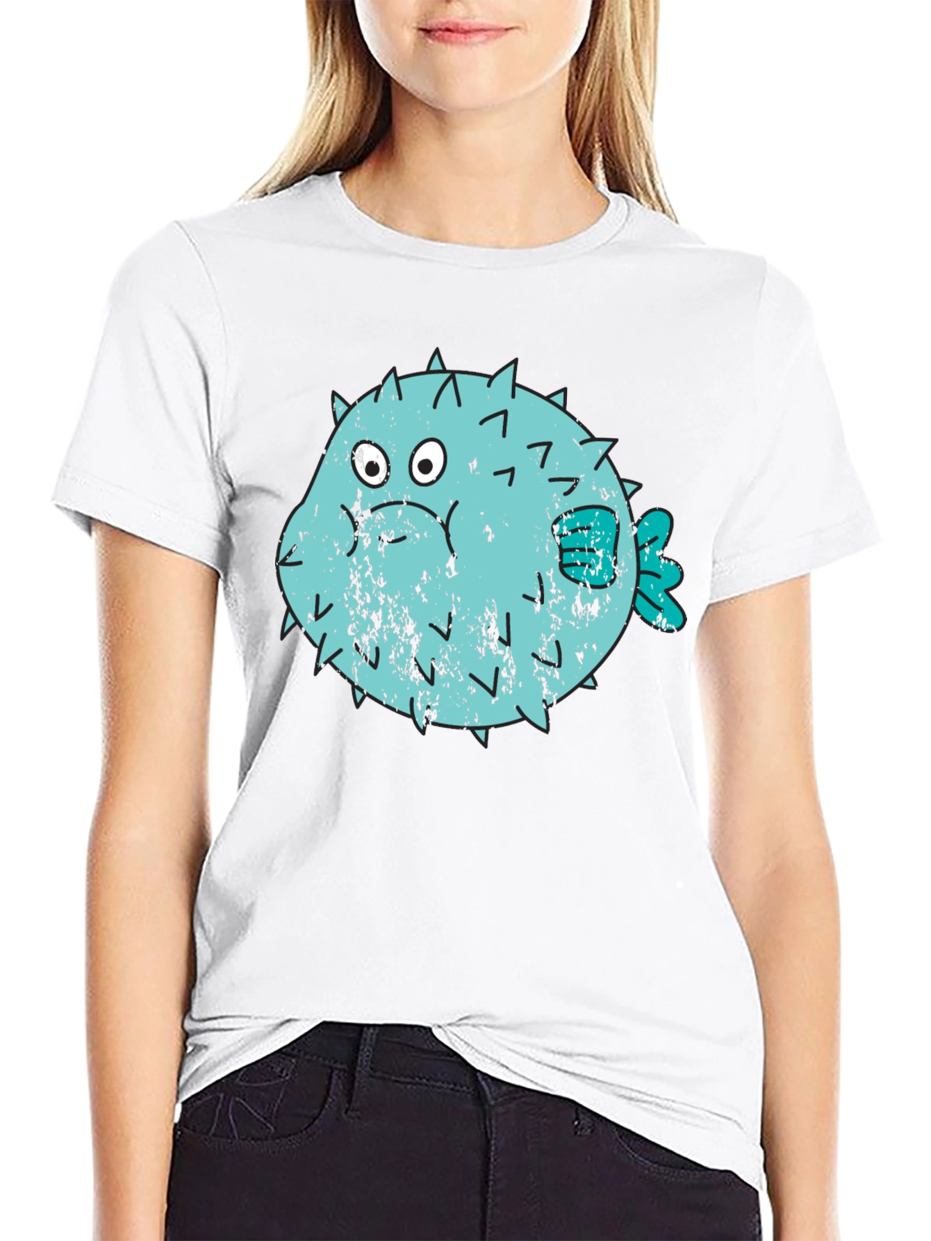 Puffer Fish Graphic T-Shirt - Black Crew Neck