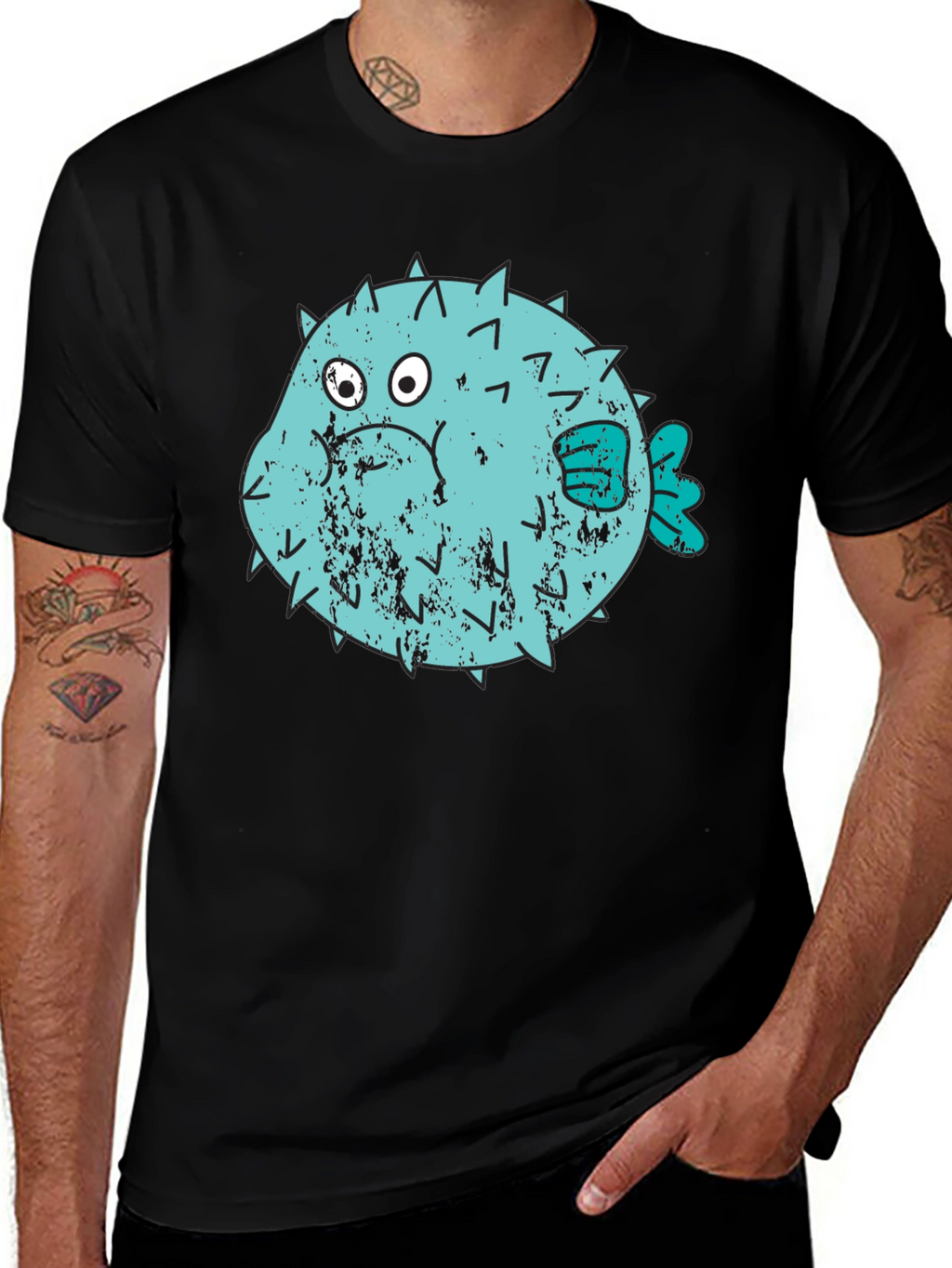 Puffer Fish Graphic T-Shirt - Black Crew Neck