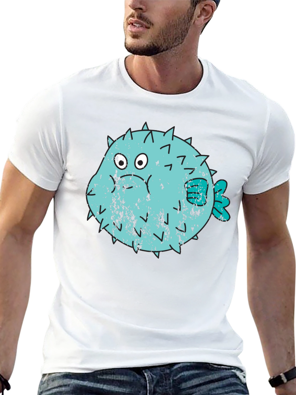 Puffer Fish Graphic T-Shirt - Black Crew Neck