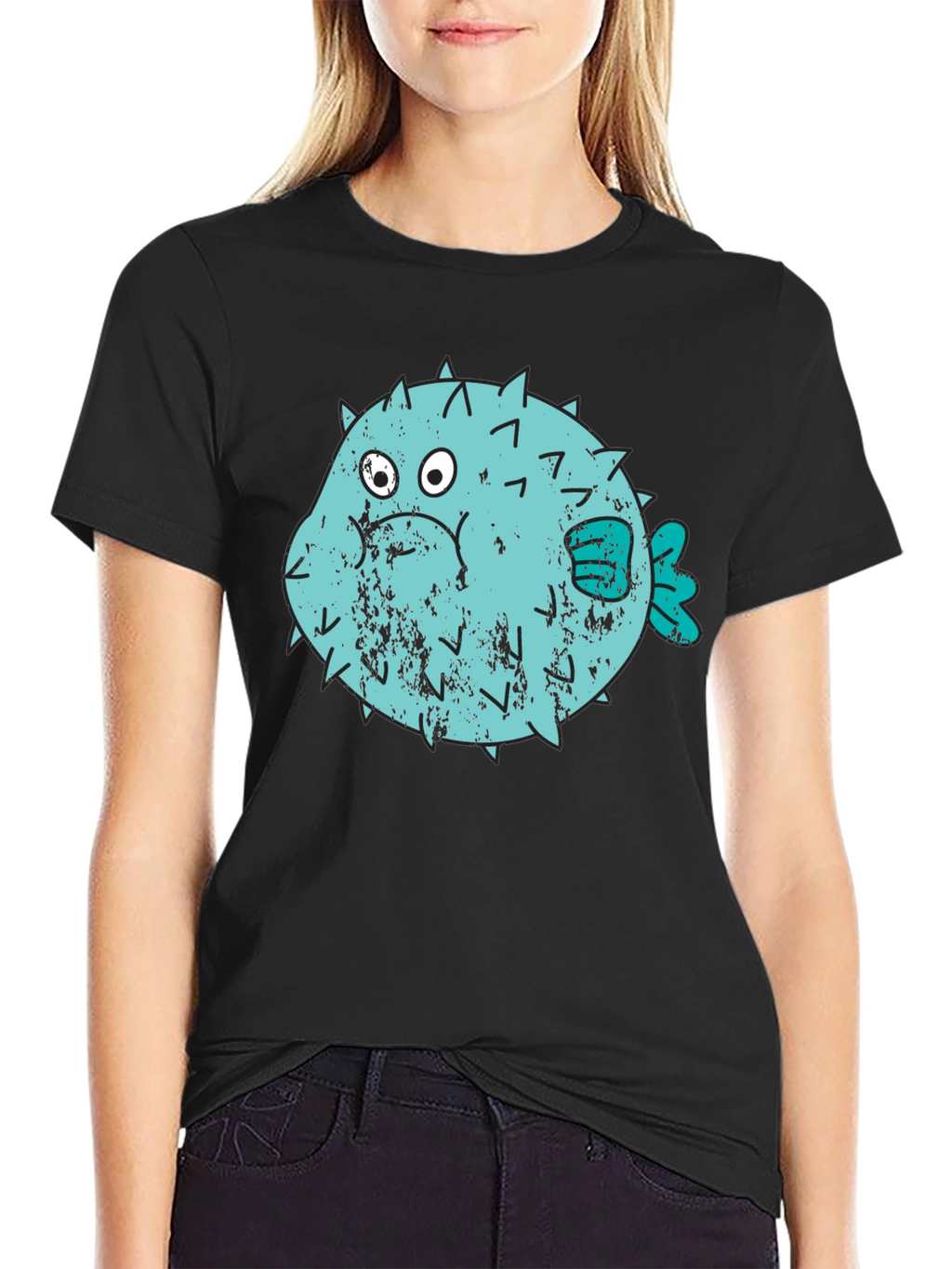 Puffer Fish Graphic T-Shirt - Black Crew Neck