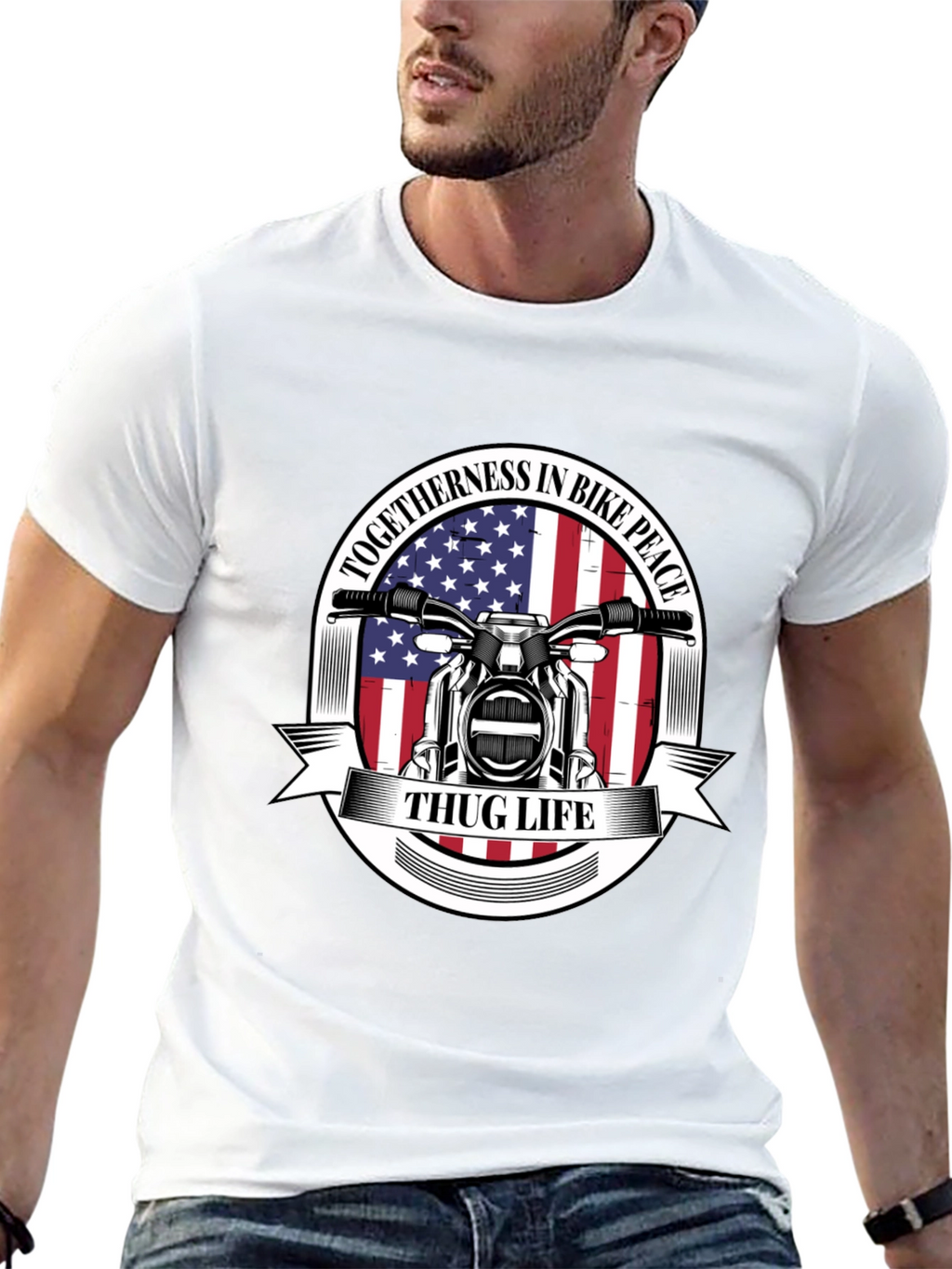 Thug Life Biker T-Shirt: American Flag Motorcycle Tee