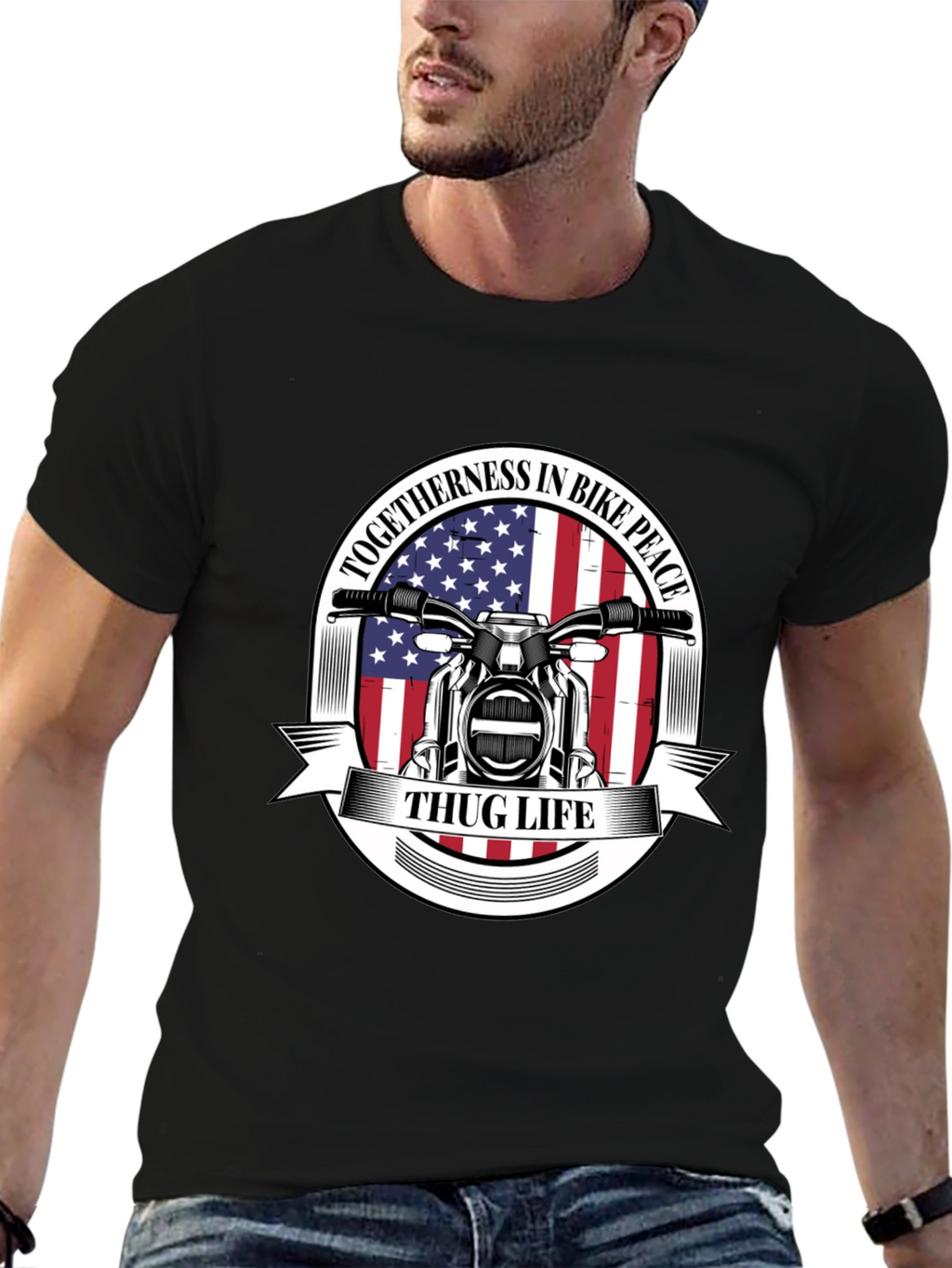 Thug Life Biker T-Shirt: American Flag Motorcycle Tee