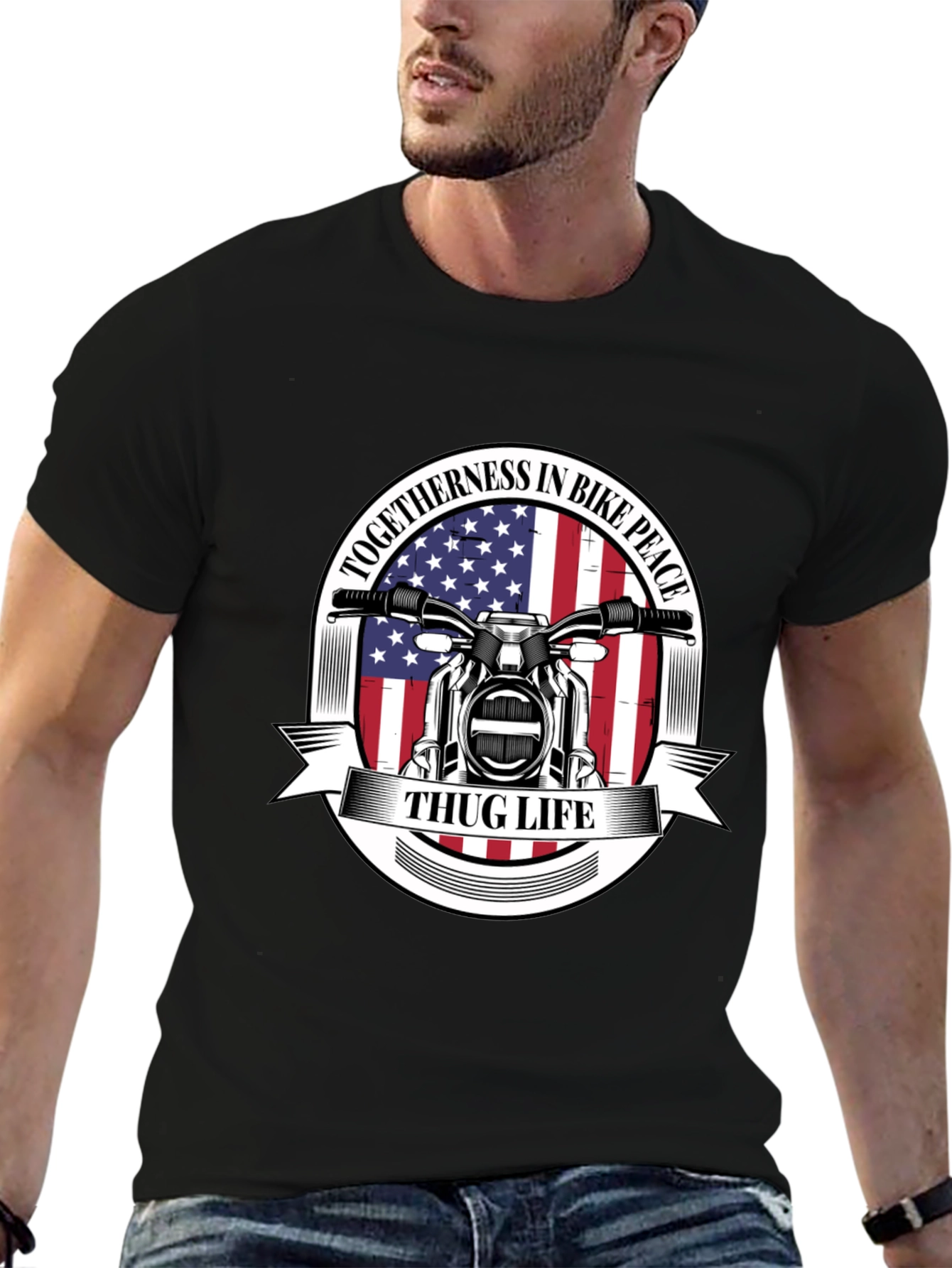 Thug Life Biker T-Shirt: American Flag Motorcycle Tee