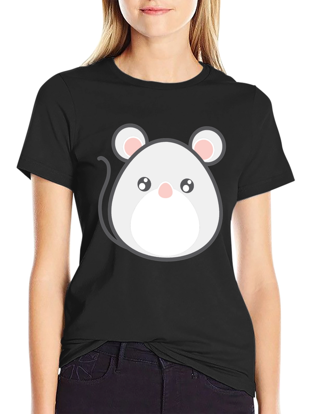 Cute Cartoon Mouse Graphic Tee - Black