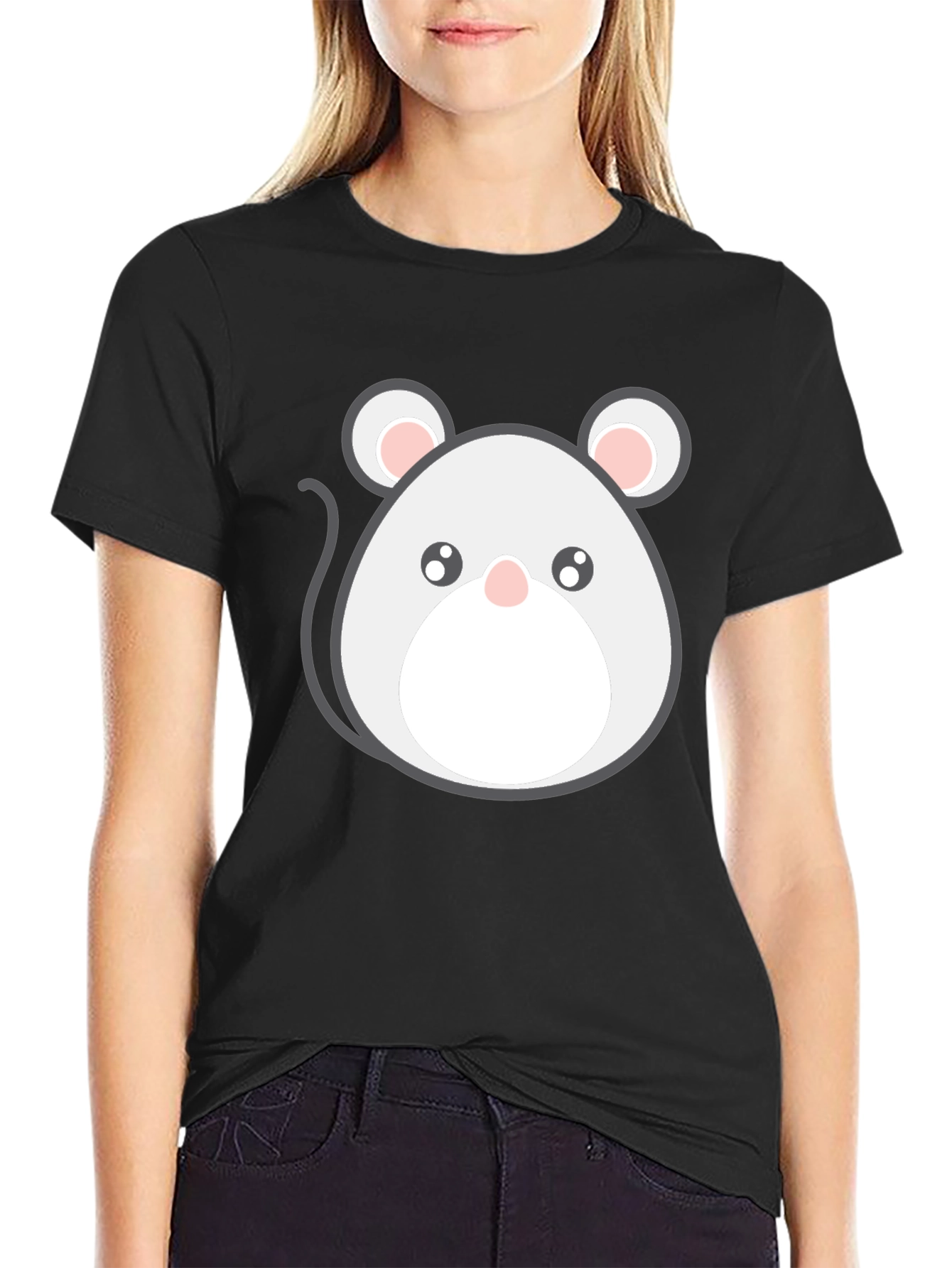 Cute Cartoon Mouse Graphic Tee - Black