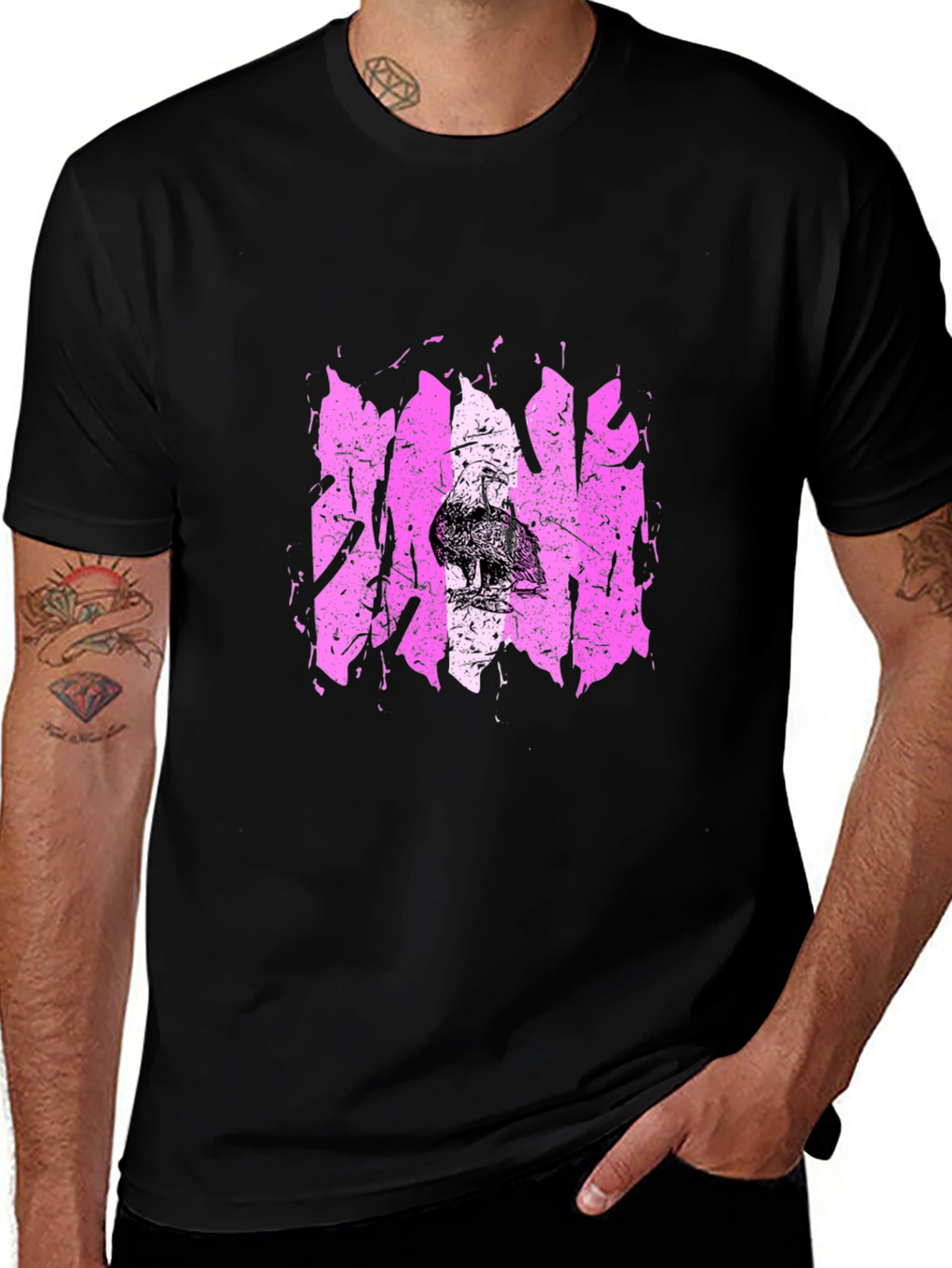 Distressed Pink Graphic Tee - Mens Black T-Shirt