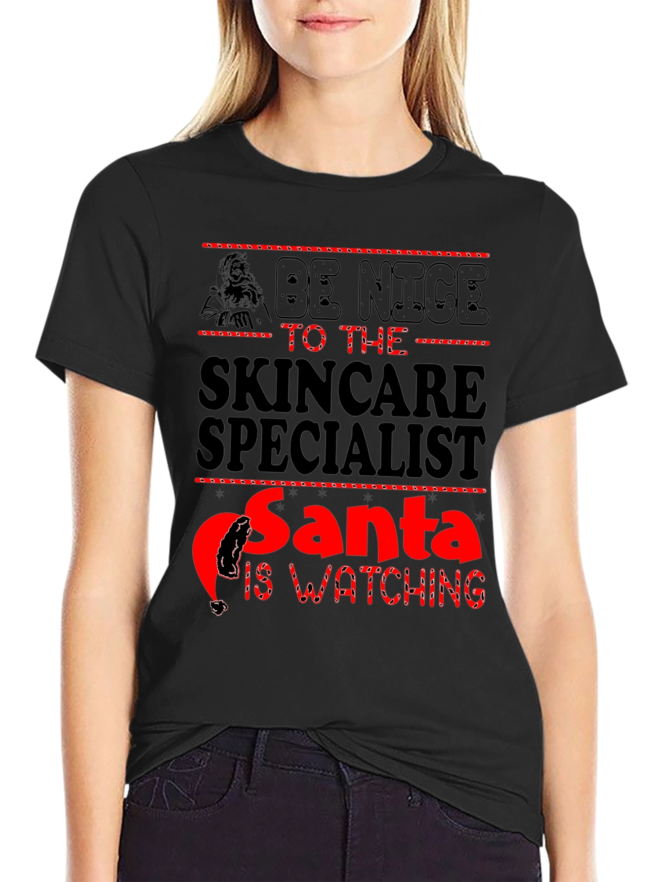 Skincare Specialist Santa Watching Black T-Shirt