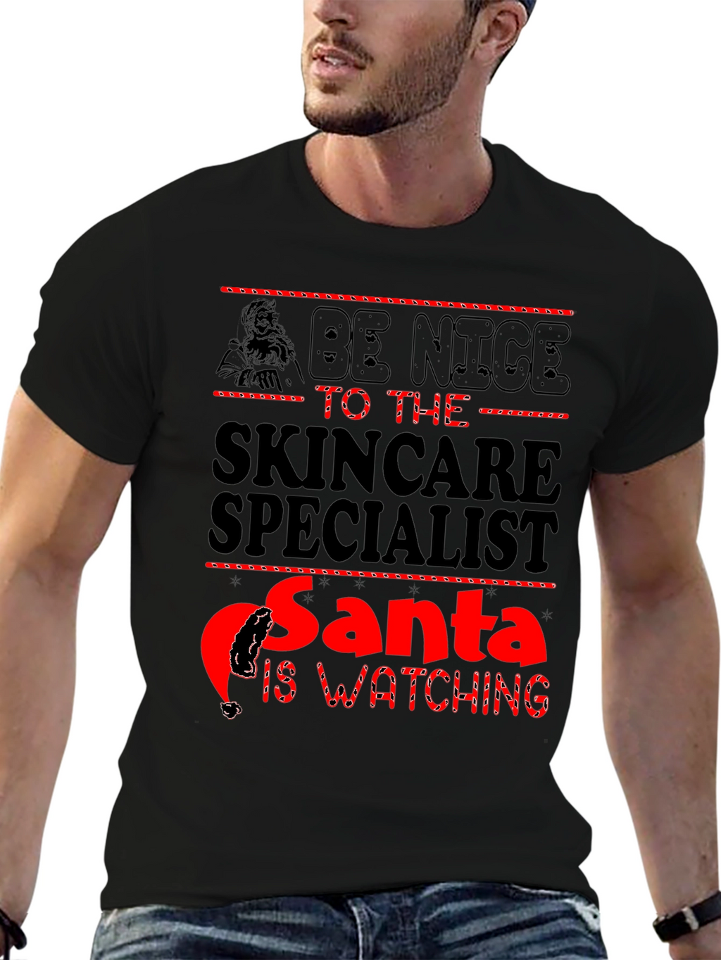 Skincare Specialist Santa Watching Black T-Shirt