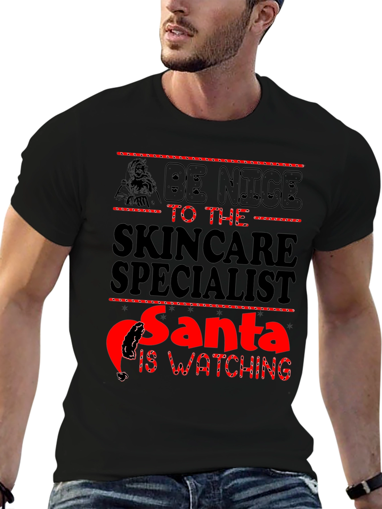 Skincare Specialist Santa Watching Black T-Shirt