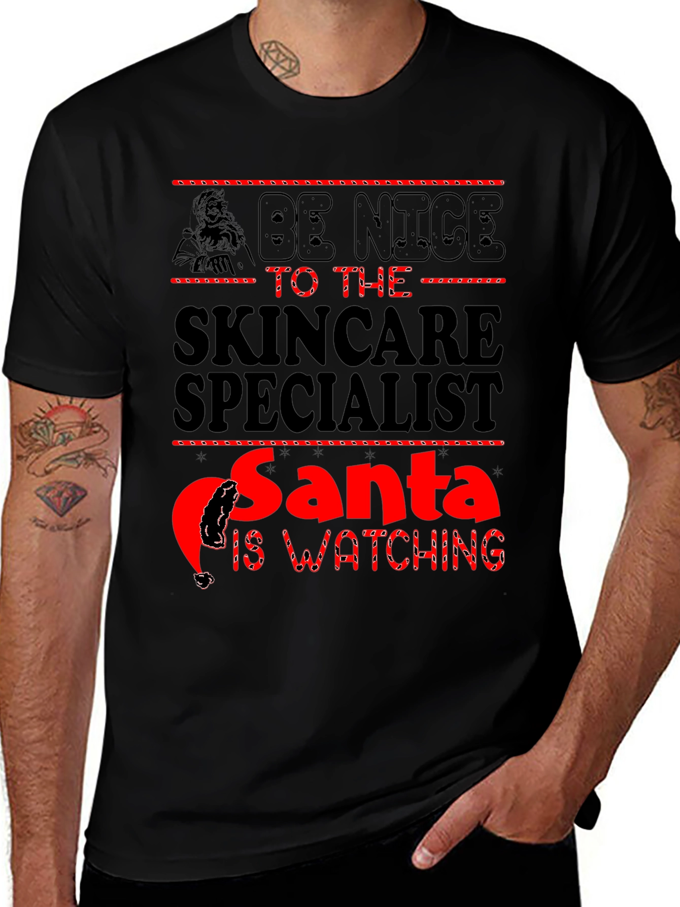 Skincare Specialist Santa Watching Black T-Shirt