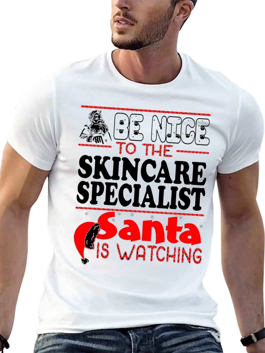 Skincare Specialist Santa Watching Black T-Shirt