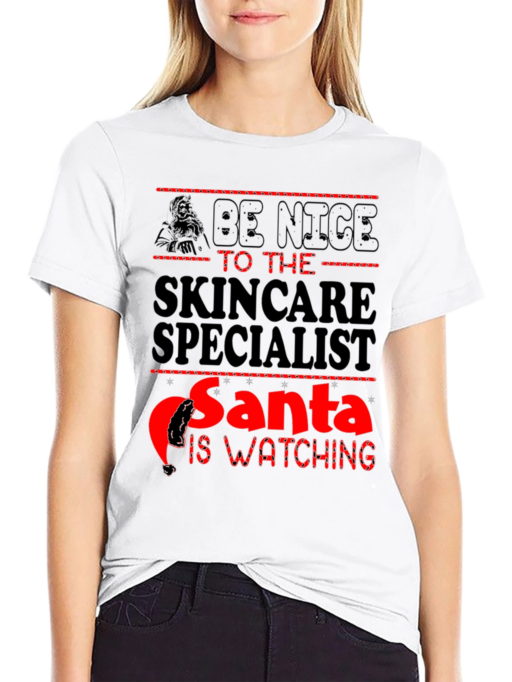 Skincare Specialist Santa Watching Black T-Shirt