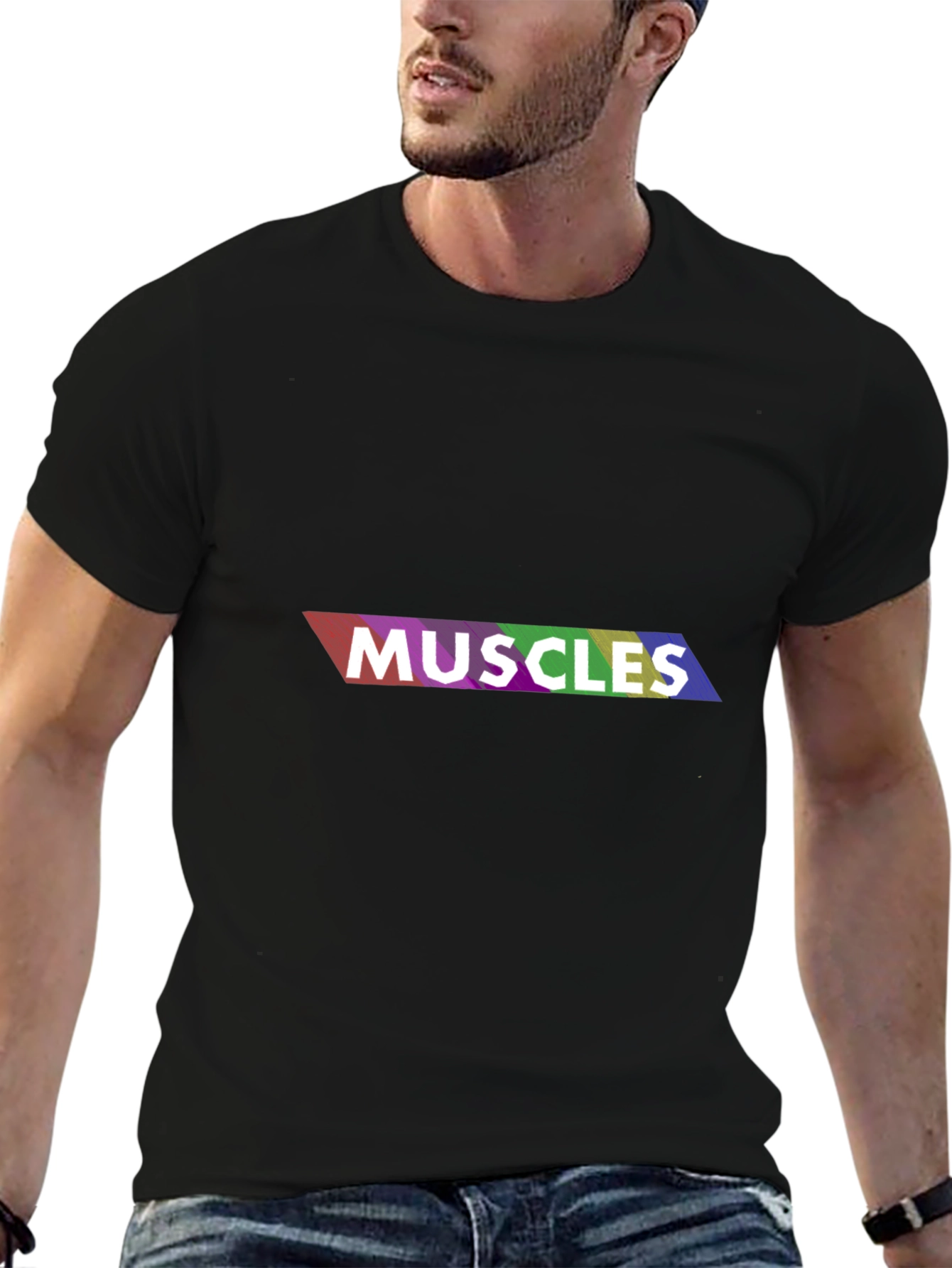 Rainbow Muscles Graphic Print T-Shirt - Black