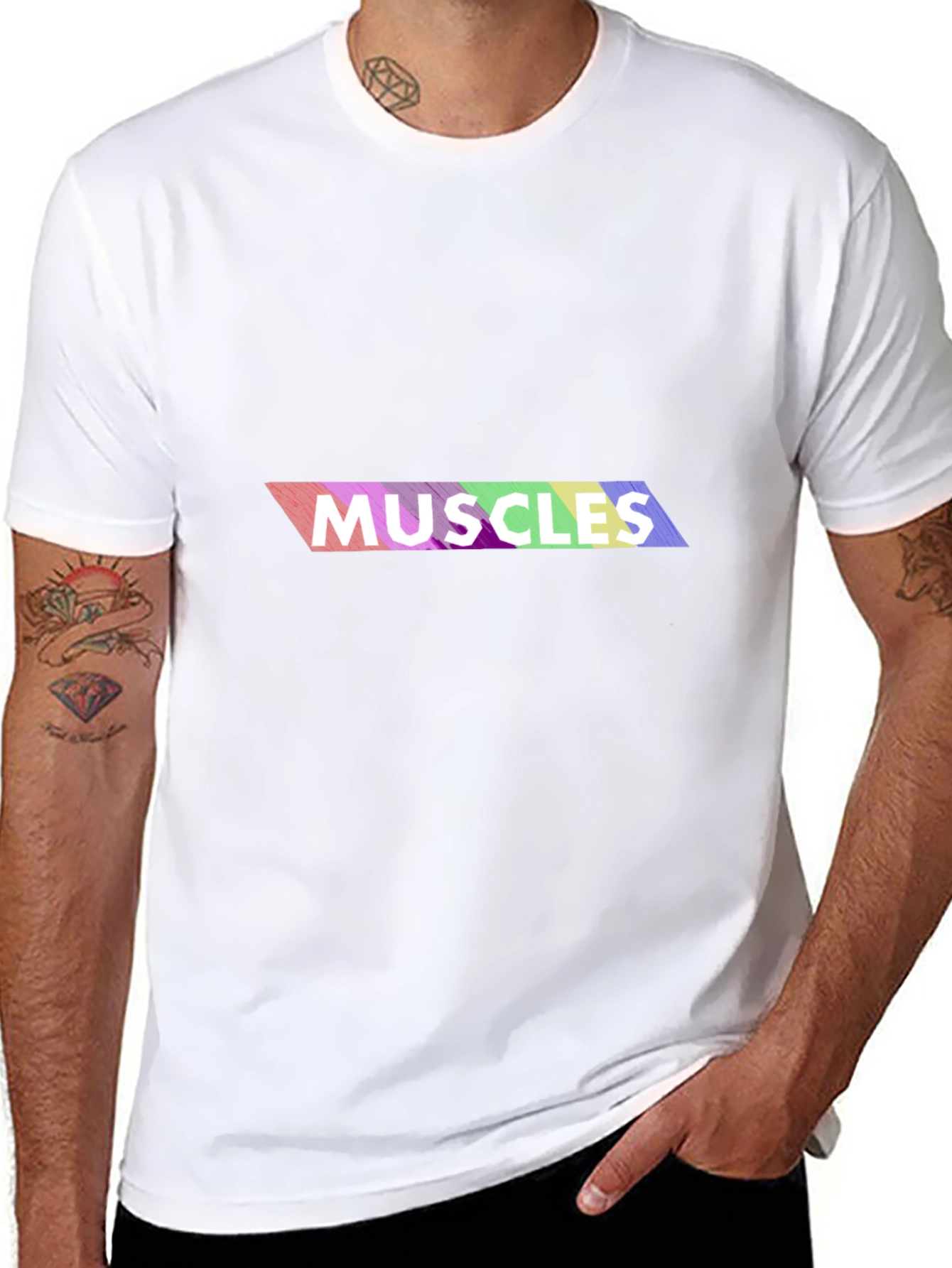 Rainbow Muscles Graphic Print T-Shirt - Black
