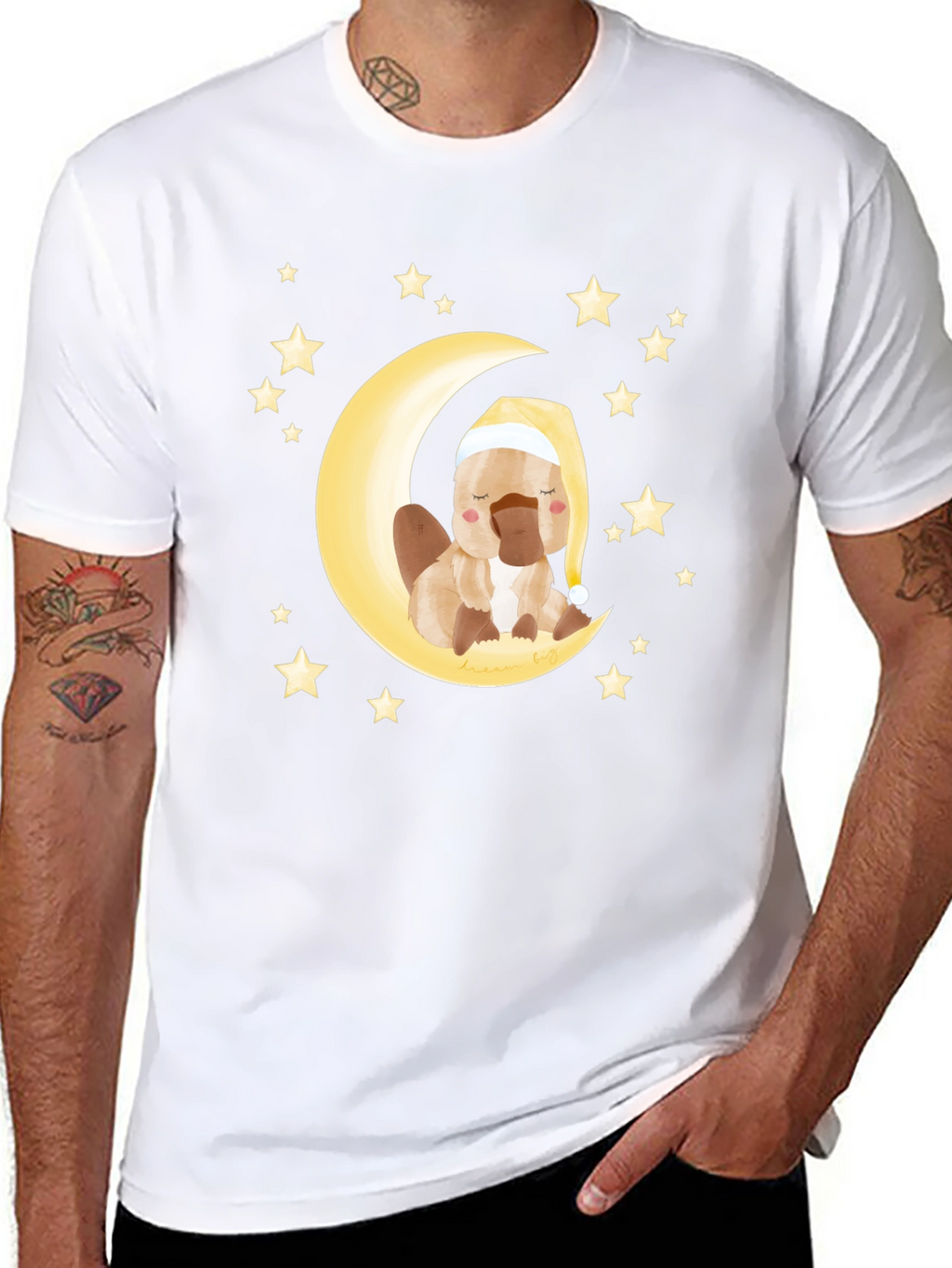 Cute Cartoon Platypus Moon Stars Graphic T-Shirt