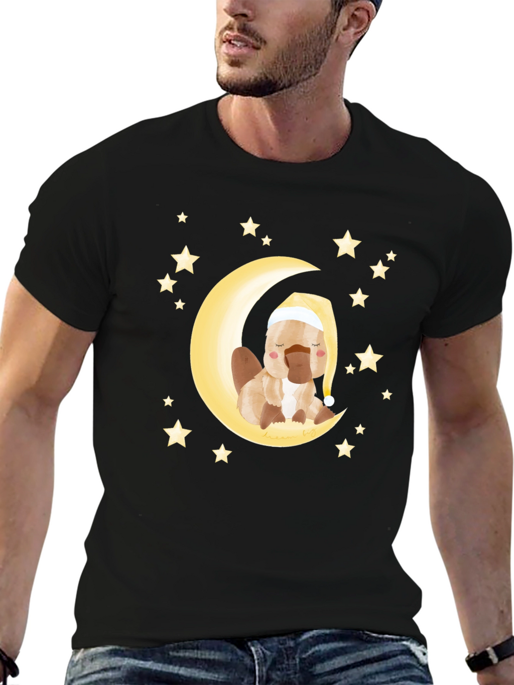 Cute Cartoon Platypus Moon Stars Graphic T-Shirt
