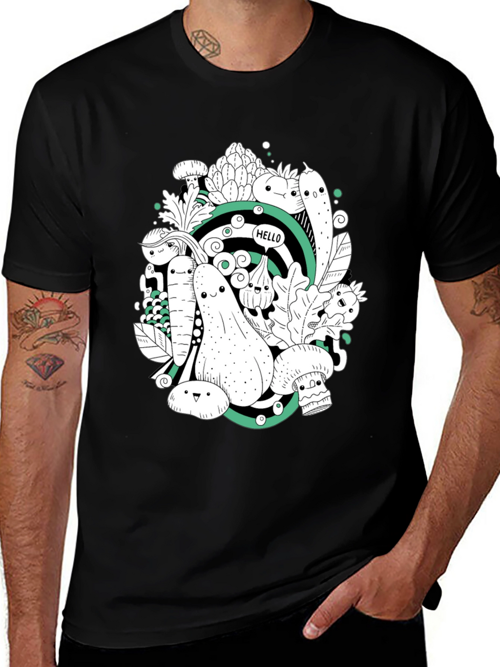 Vegetable Cartoon Graphic Print Black T-Shirt