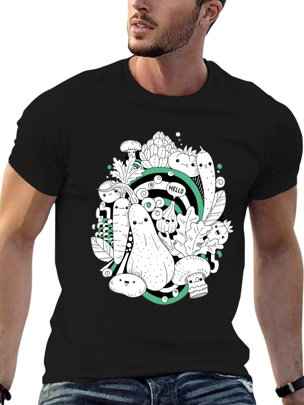 Vegetable Cartoon Graphic Print Black T-Shirt
