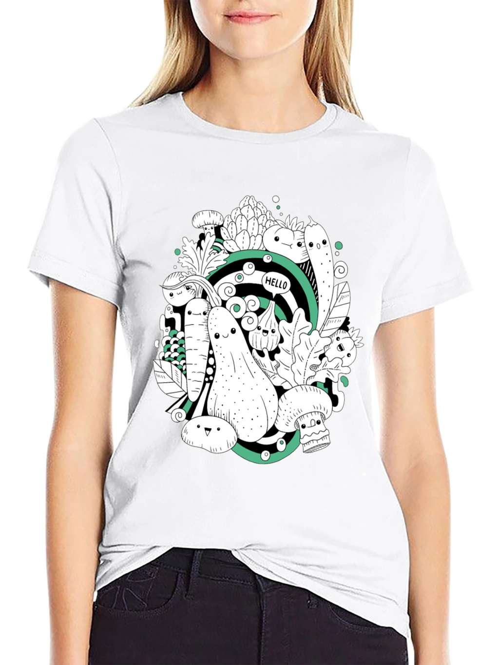 Vegetable Cartoon Graphic Print Black T-Shirt