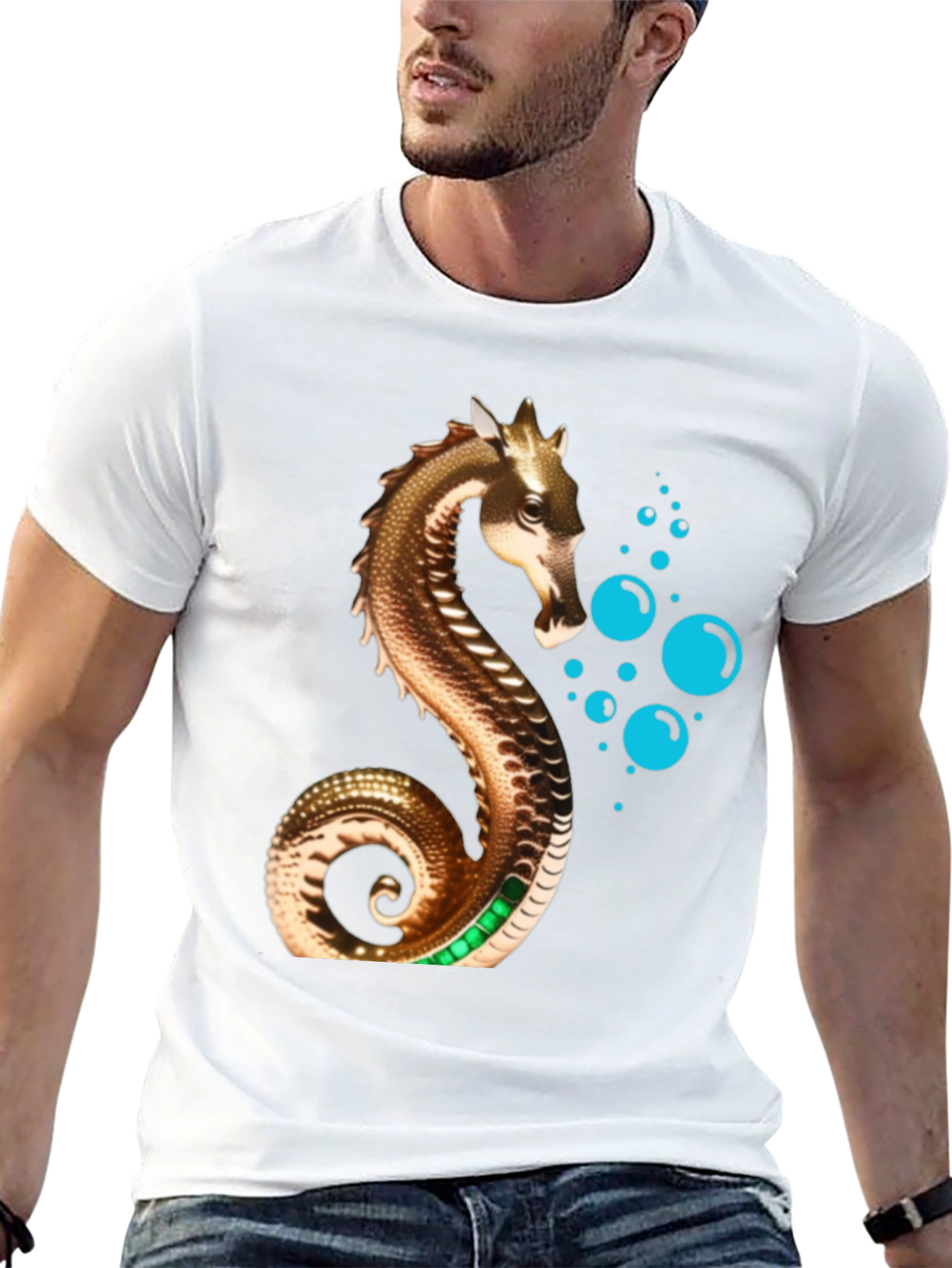 Golden Seahorse Graphic Tee - Stylish Mens Black T-Shirt