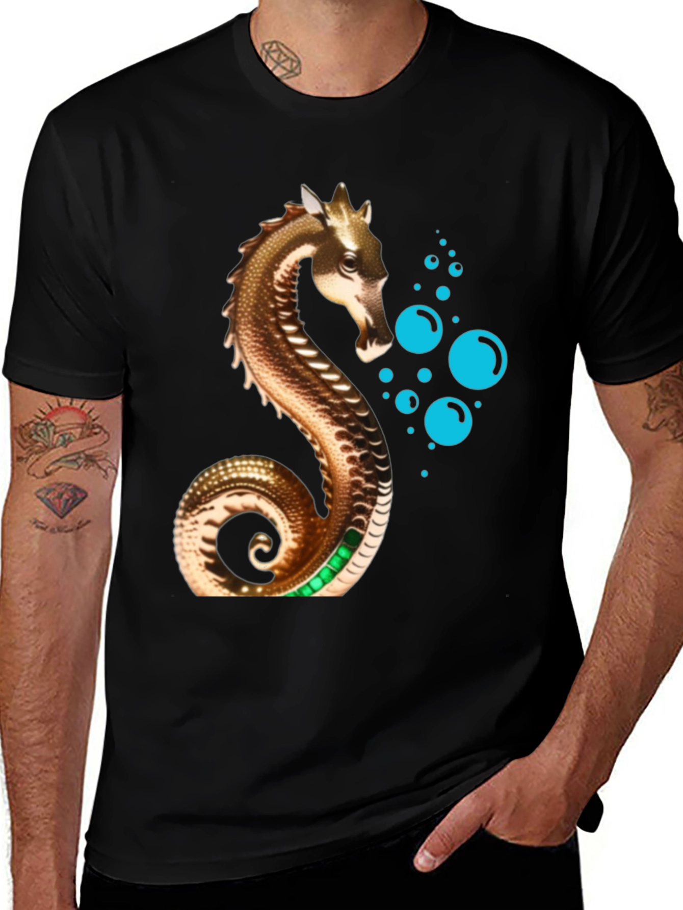 Golden Seahorse Graphic Tee - Stylish Mens Black T-Shirt